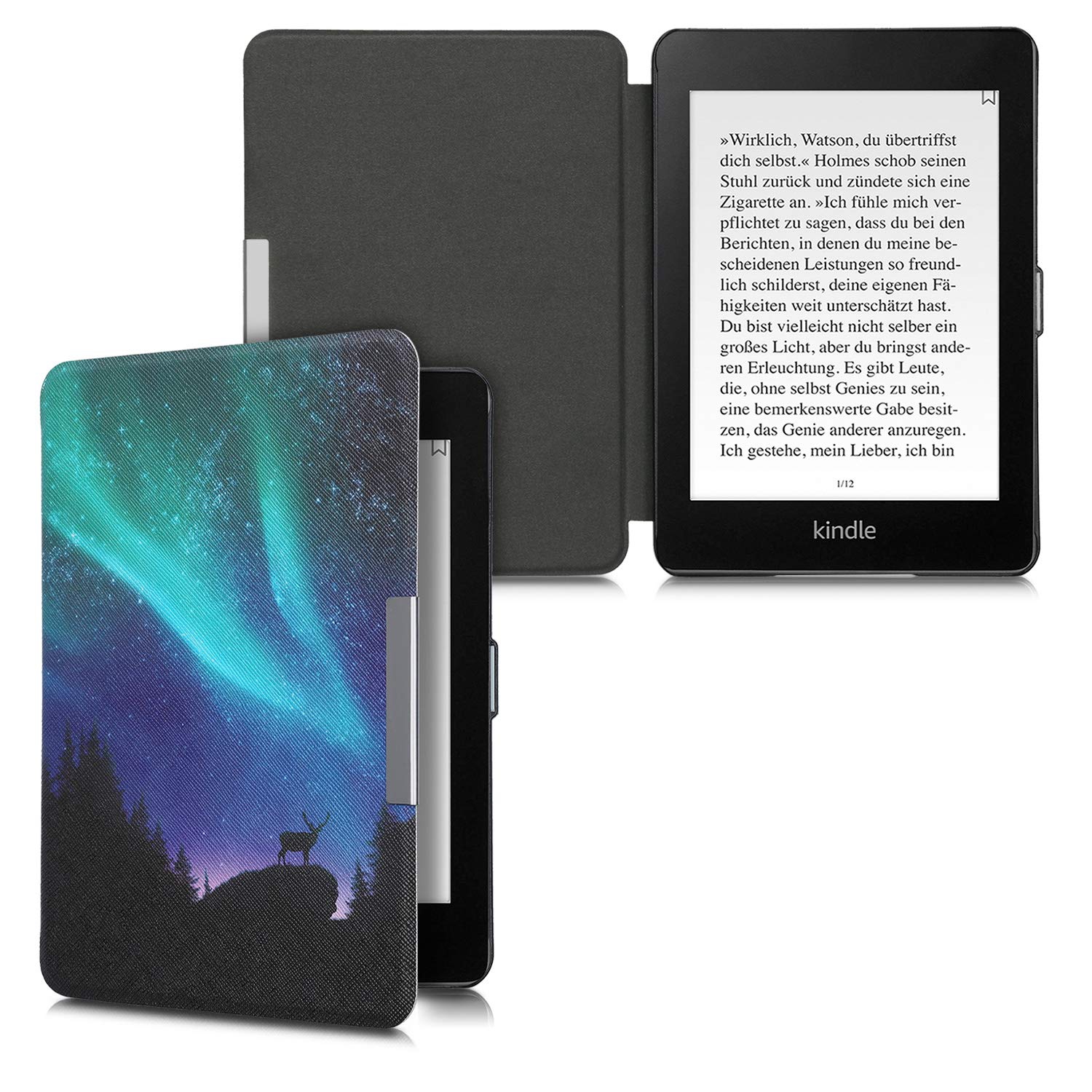 kwmobile Case Compatible with Amazon Kindle Paperwhite - Case PU e-Reader Cover - Aurora Turquoise/Blue/Bla