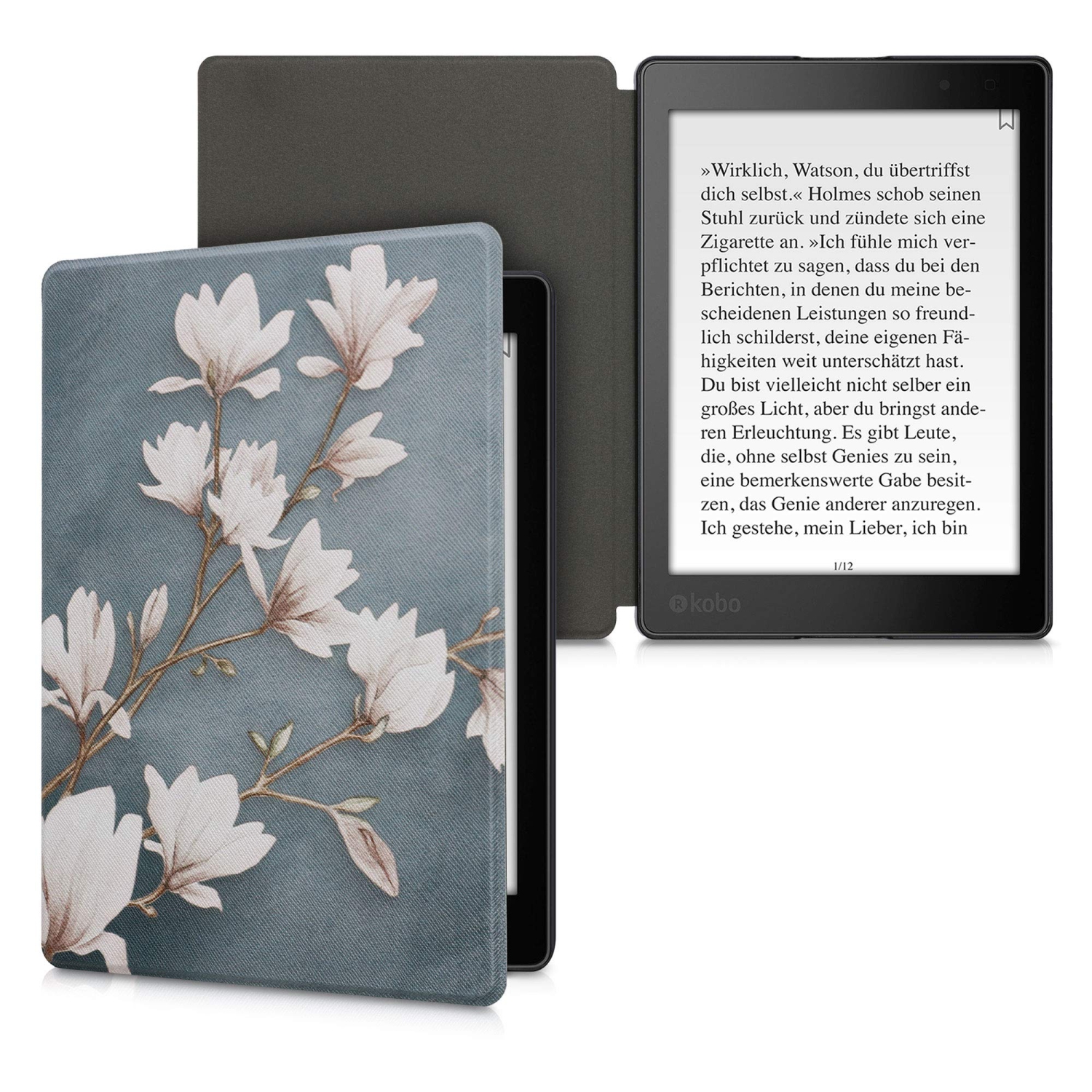 Étui kwMobile compatible avec l’aura ONE de Kobo - Étui de protection pour liseuse - Taupe de magnolias/Blanc/Gris bleu