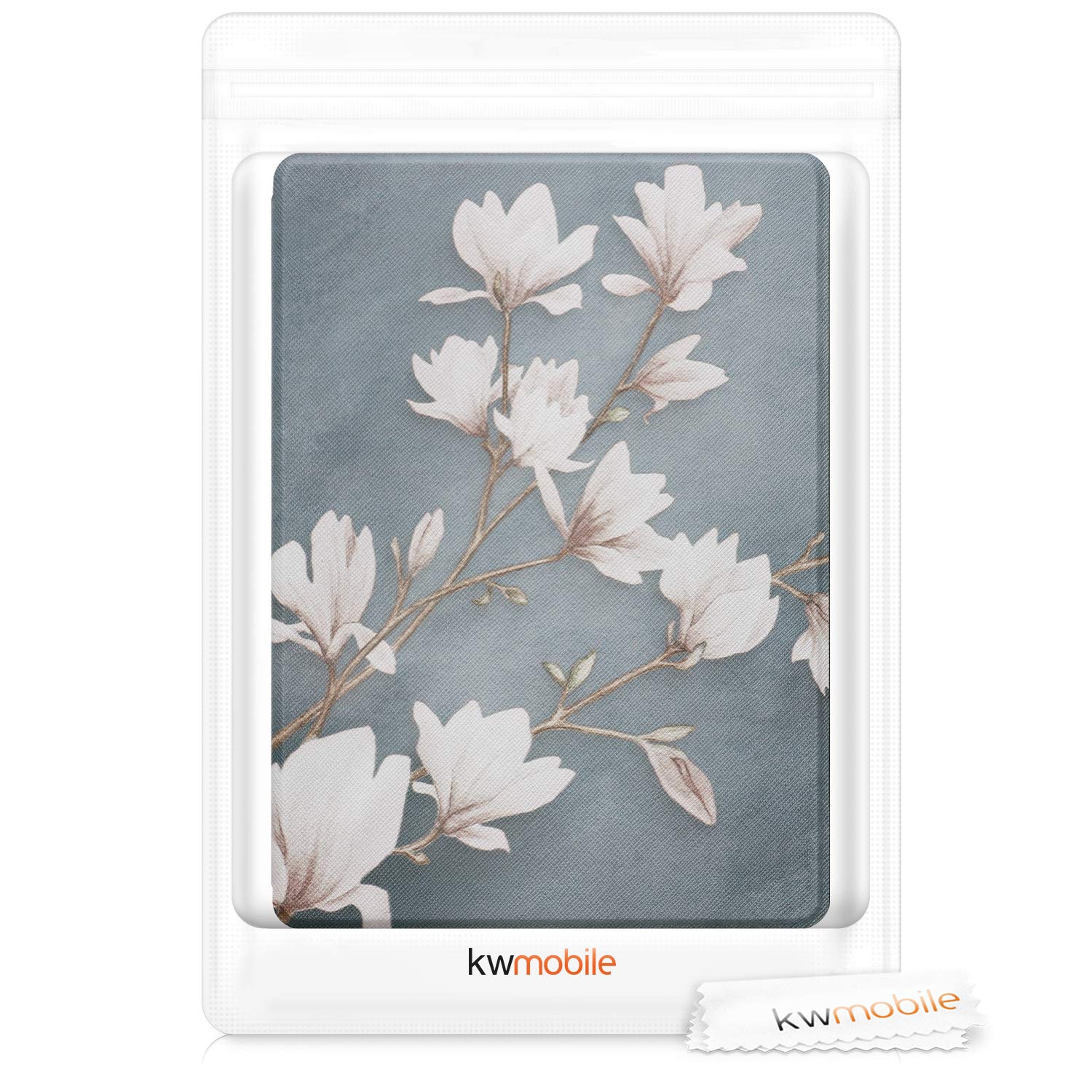 Étui kwMobile compatible avec l’aura ONE de Kobo - Étui de protection pour liseuse - Taupe de magnolias/Blanc/Gris bleu