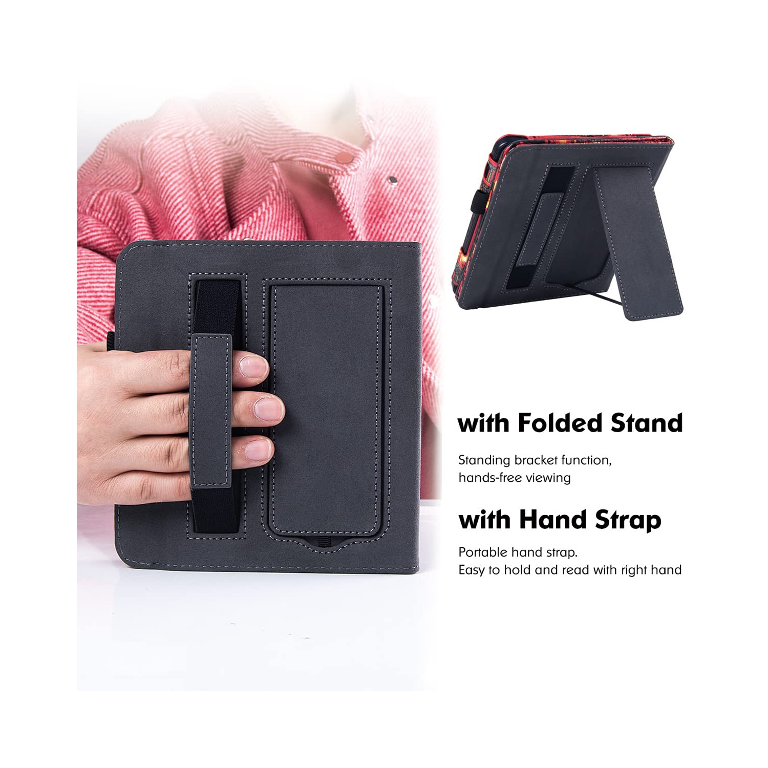 BOZHUORUI – Étui pour liseuse Libra 2 de Kobo avec support – Étui en cuir de polyuréthane de qualité supérieure avec dragonne et au
