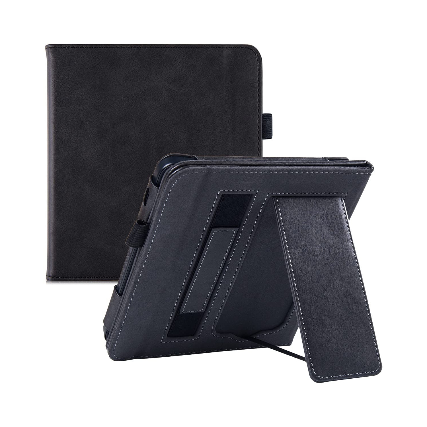 Kobo Libra 2 Case with Stand - Premium PU Leather Bookcover with Hand Strap and Auto Sleep/Wake (Rock Black)