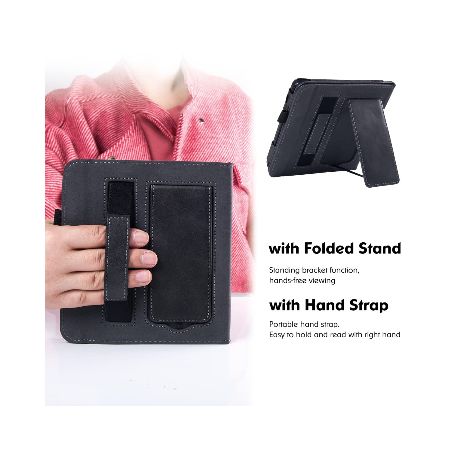 Kobo Libra 2 Case with Stand - Premium PU Leather Bookcover with Hand Strap and Auto Sleep/Wake (Rock Black)