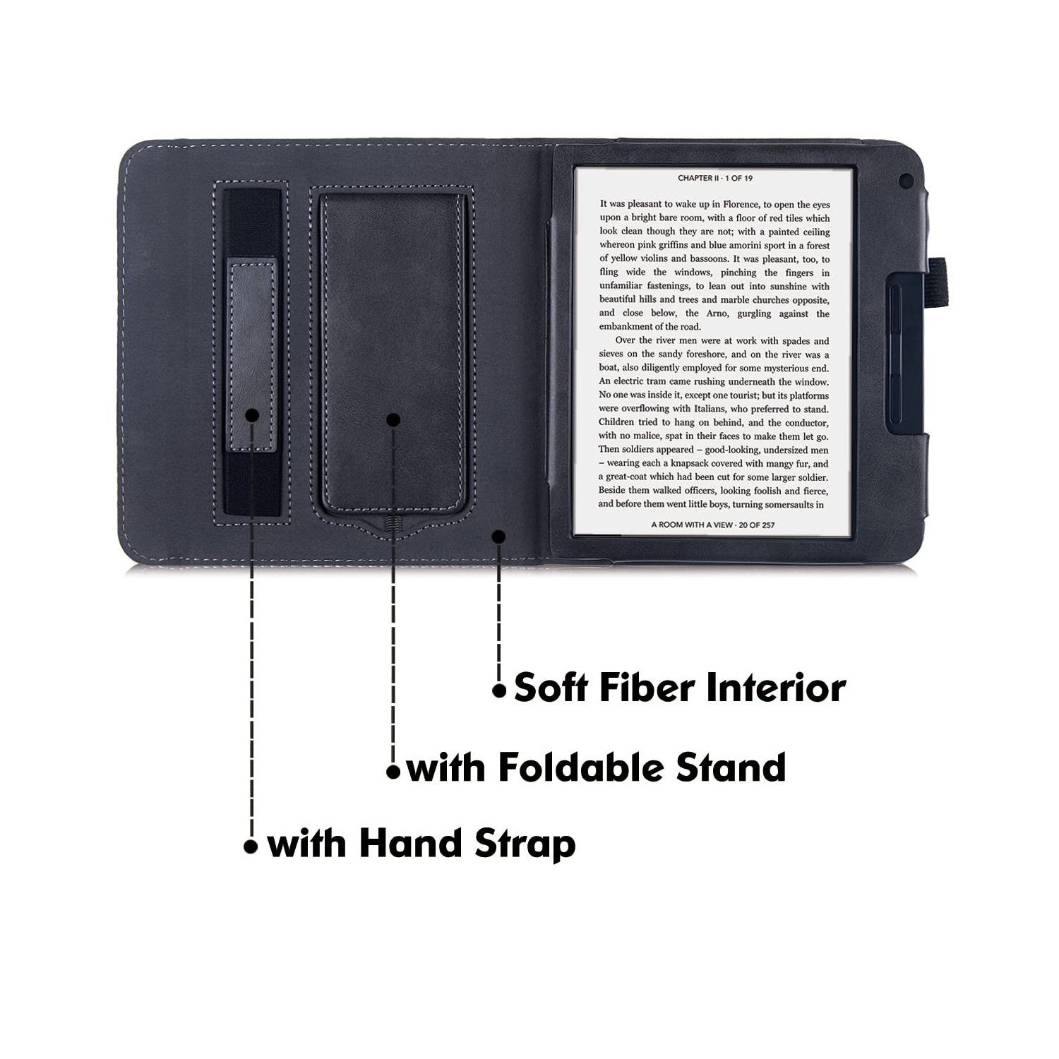 Kobo Libra 2 Case with Stand - Premium PU Leather Bookcover with Hand Strap and Auto Sleep/Wake (Rock Black)