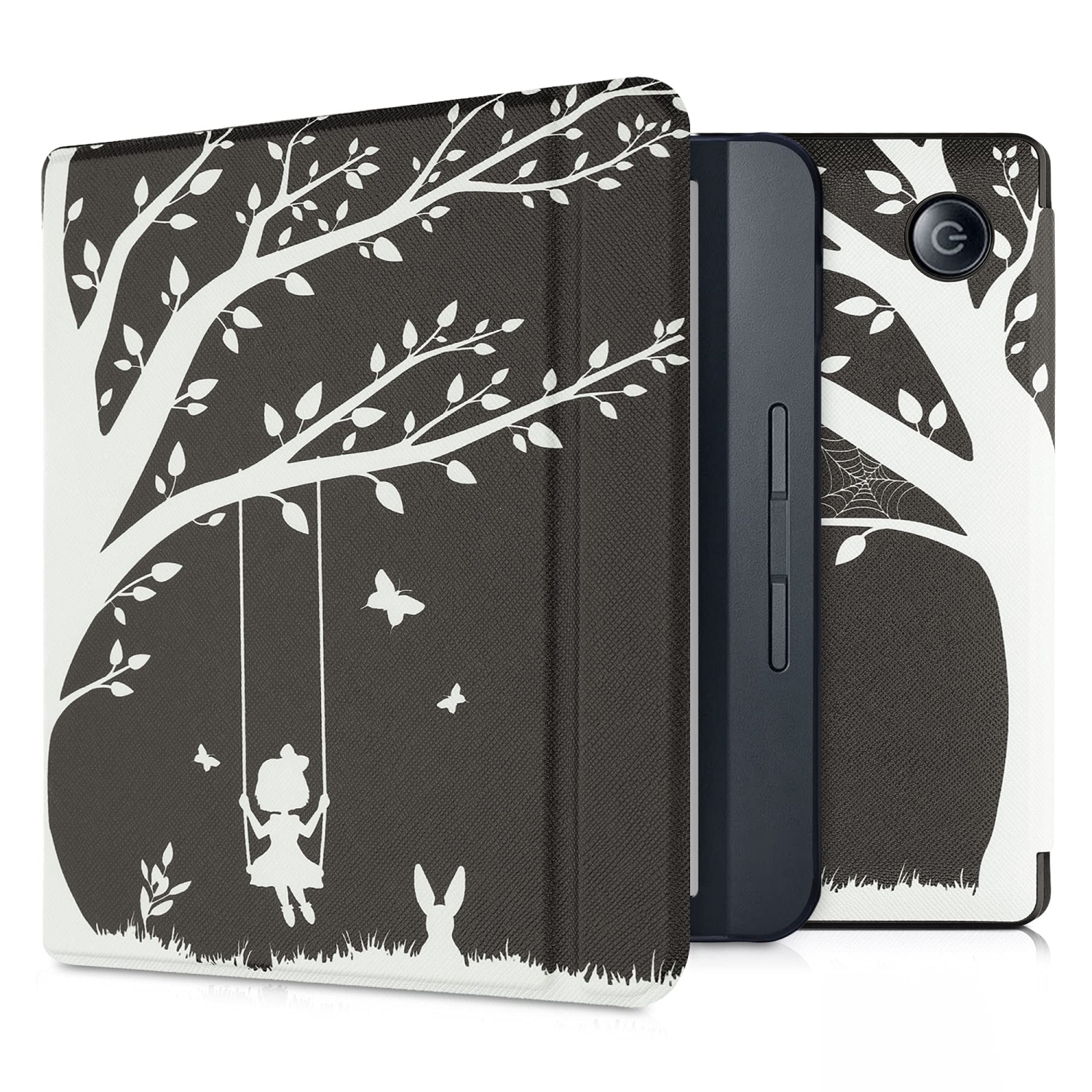 kwmobile Case Compatible with Kobo Libra H2O - Case PU e-Reader Cover - Girl Tree Swing White/Black