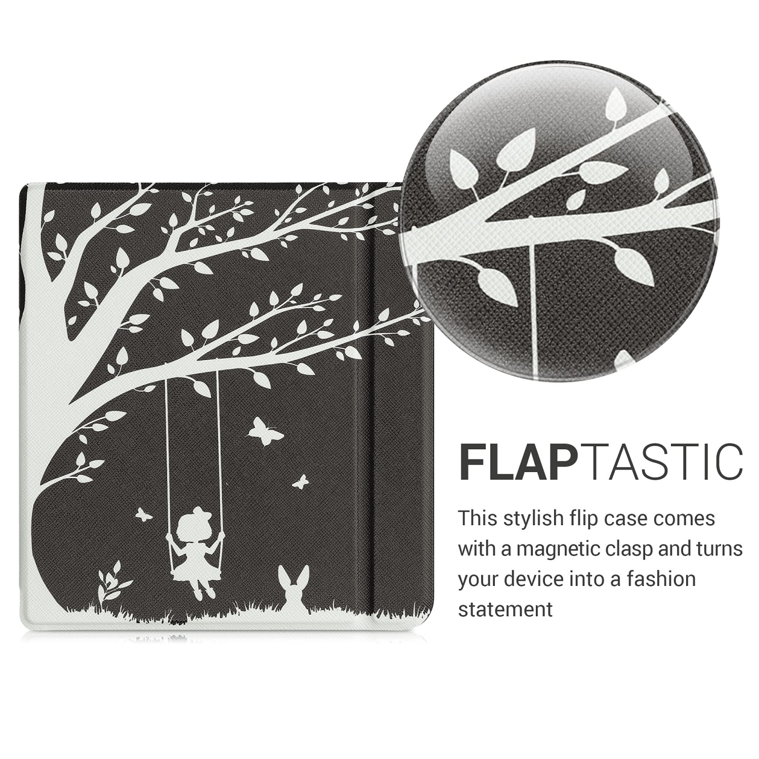 kwmobile Case Compatible with Kobo Libra H2O - Case PU e-Reader Cover - Girl Tree Swing White/Black