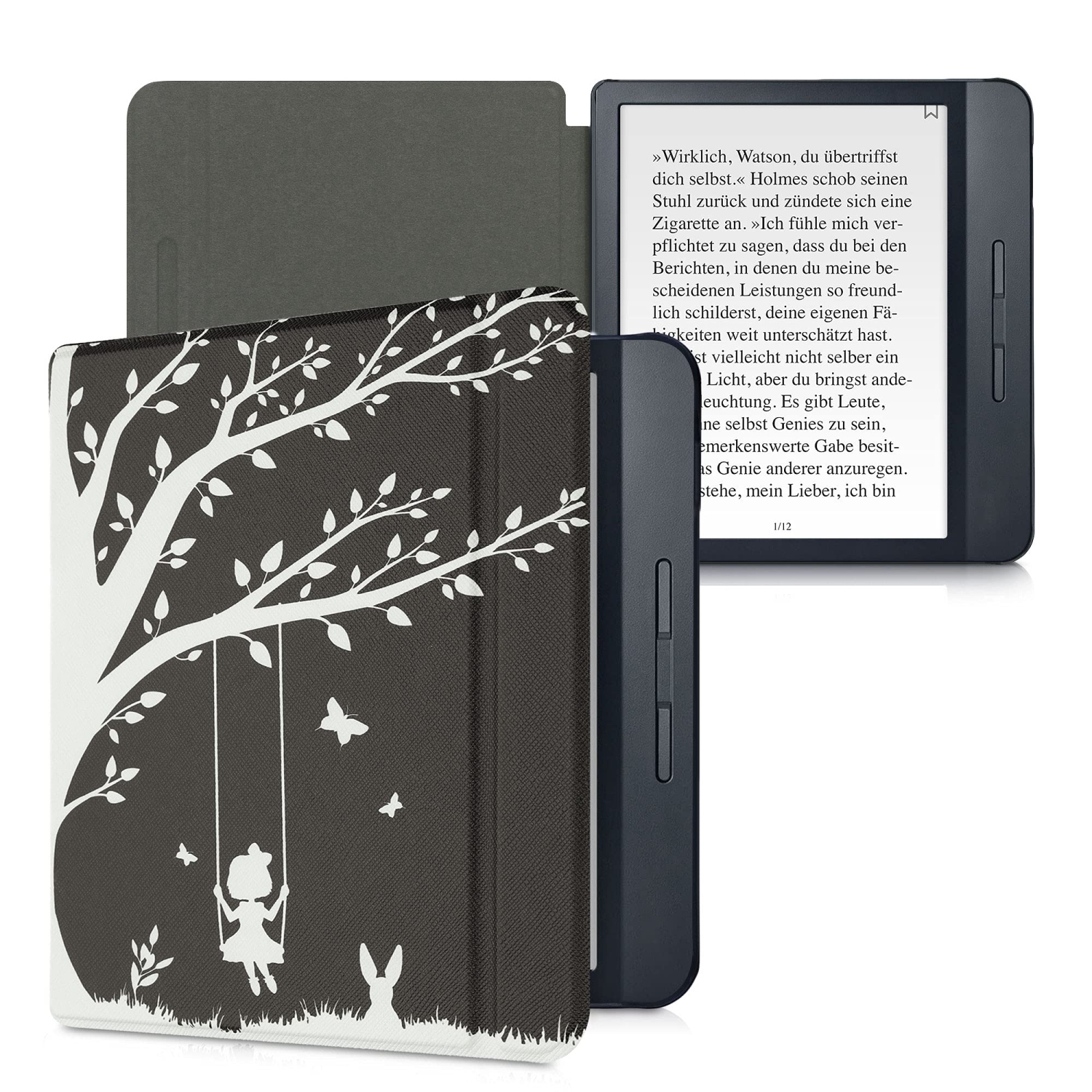 kwmobile Case Compatible with Kobo Libra H2O - Case PU e-Reader Cover - Girl Tree Swing White/Black