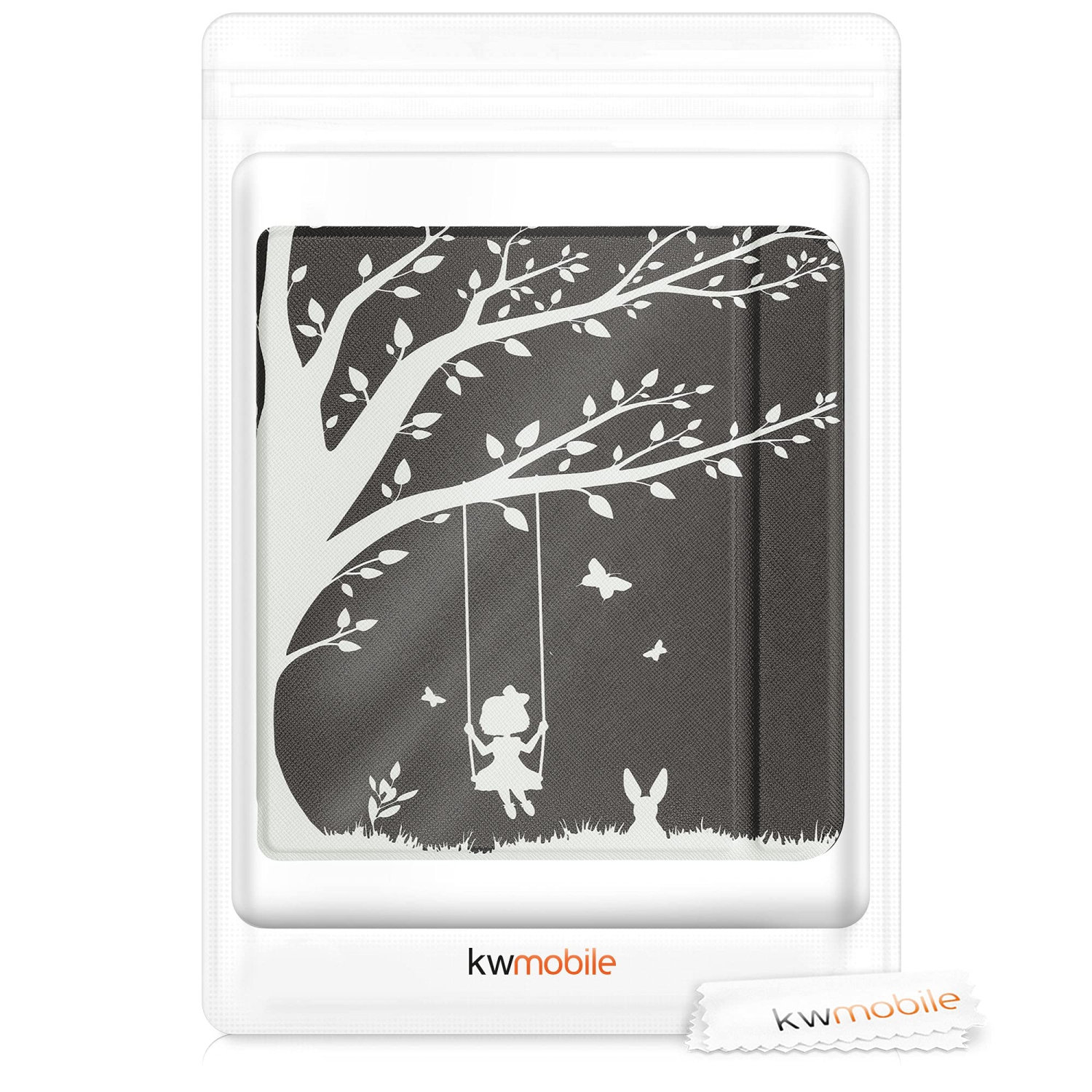 kwmobile Case Compatible with Kobo Libra H2O - Case PU e-Reader Cover - Girl Tree Swing White/Black