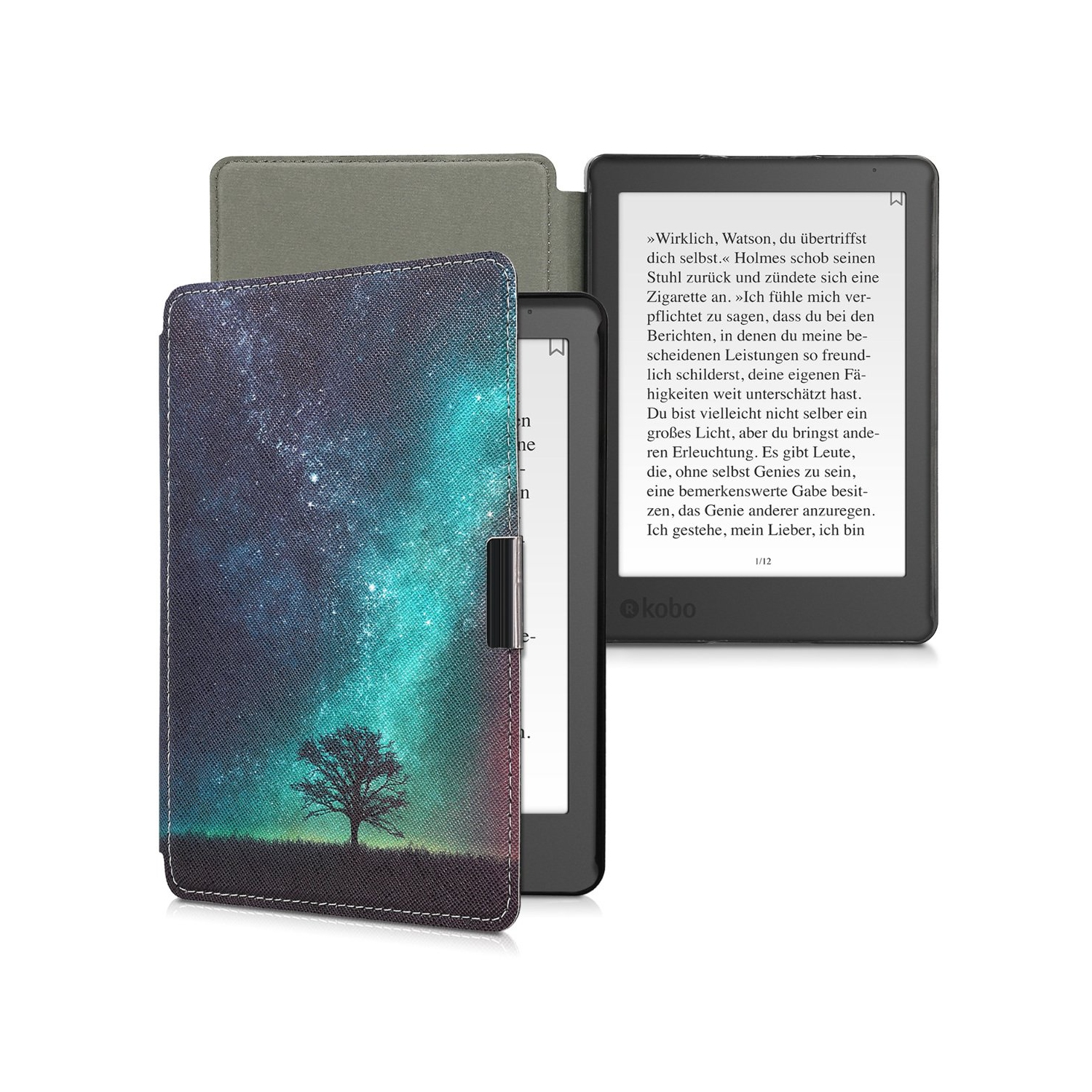 kwmobile Case Compatible with Kobo Aura Edition 2 - Case PU e-Reader Cover - Cosmic Nature Blue/Grey/Black