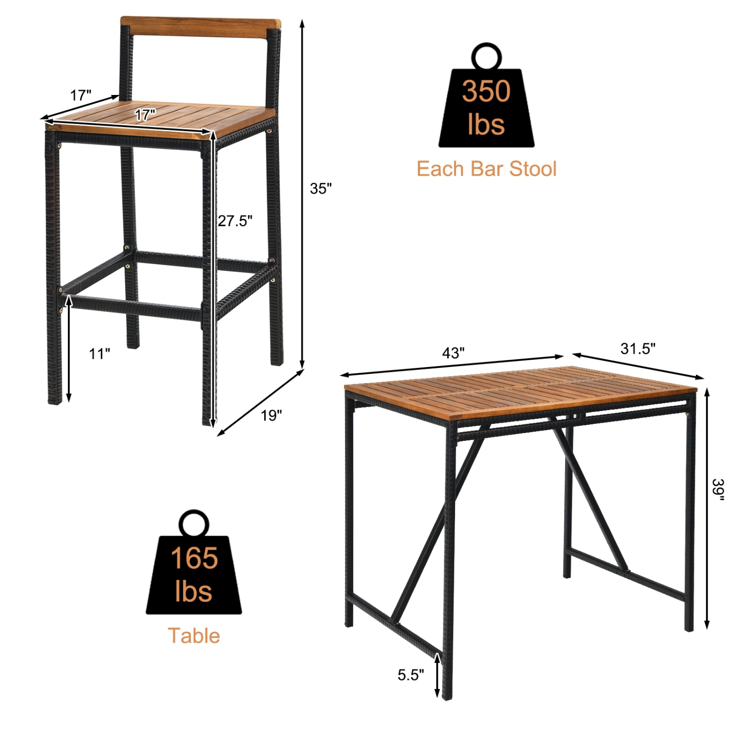 Ensemble de bar extérieur en bois d’acacia et rotin en polyéthylène, 5 pièces