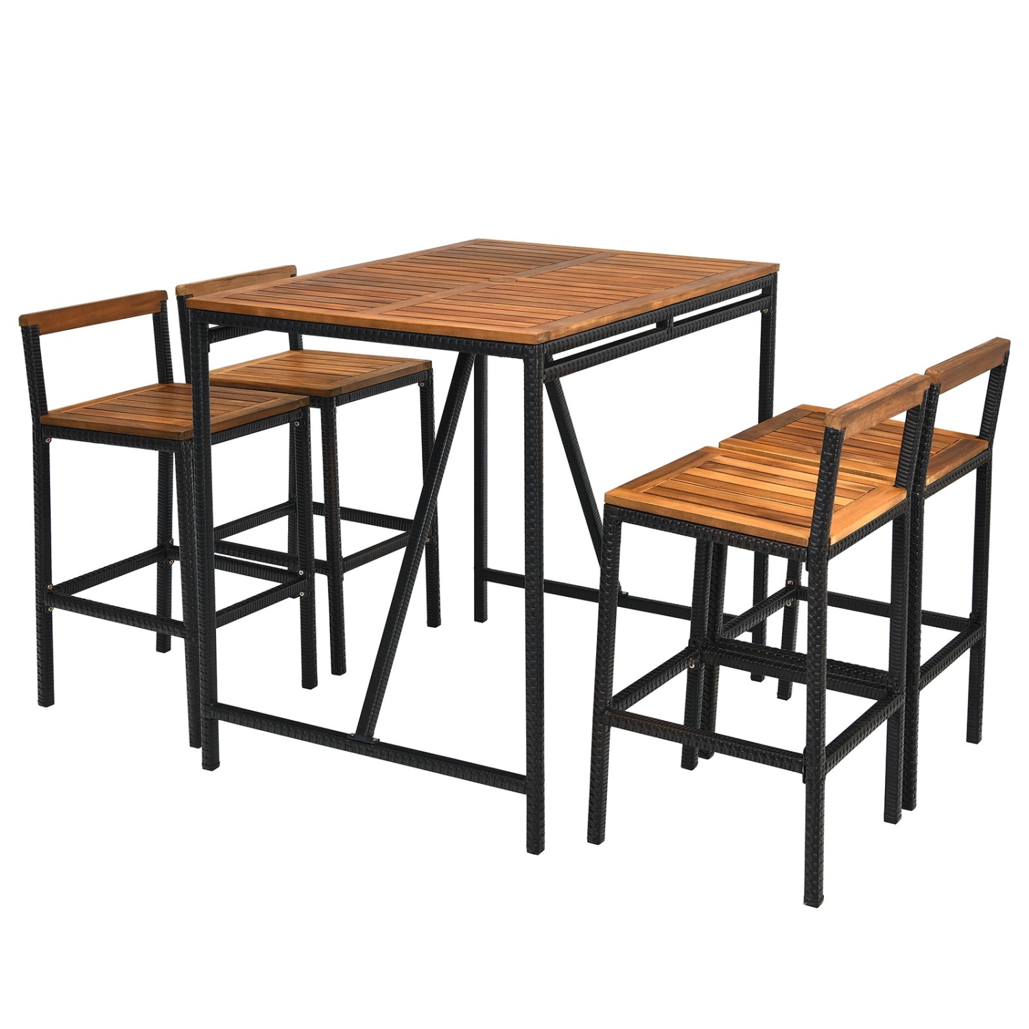 Ensemble de bar extérieur en bois d’acacia et rotin en polyéthylène, 5 pièces