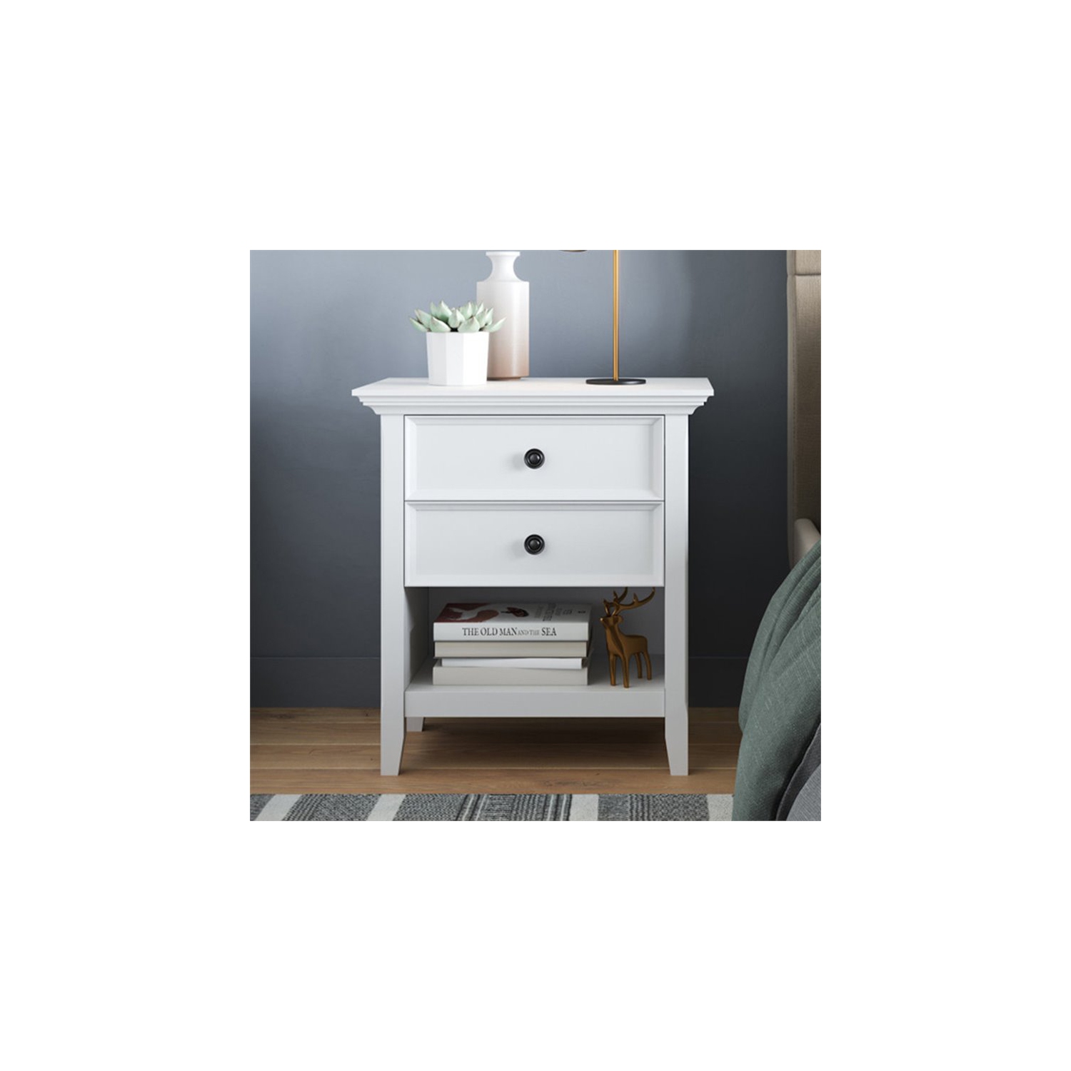Trent Home Solid Mango Hardwood & Metal 2 Drawer Nightstand in White