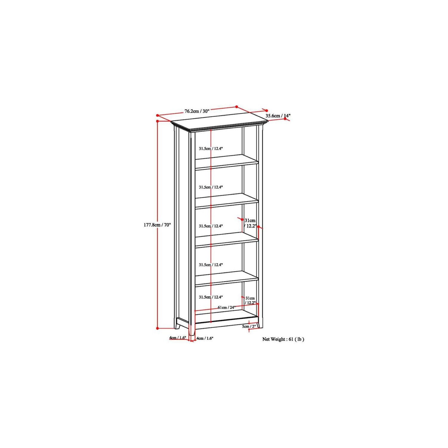 Trent Home – Bibliothèque en bois massif à 5 tablettes, brun doré clair
