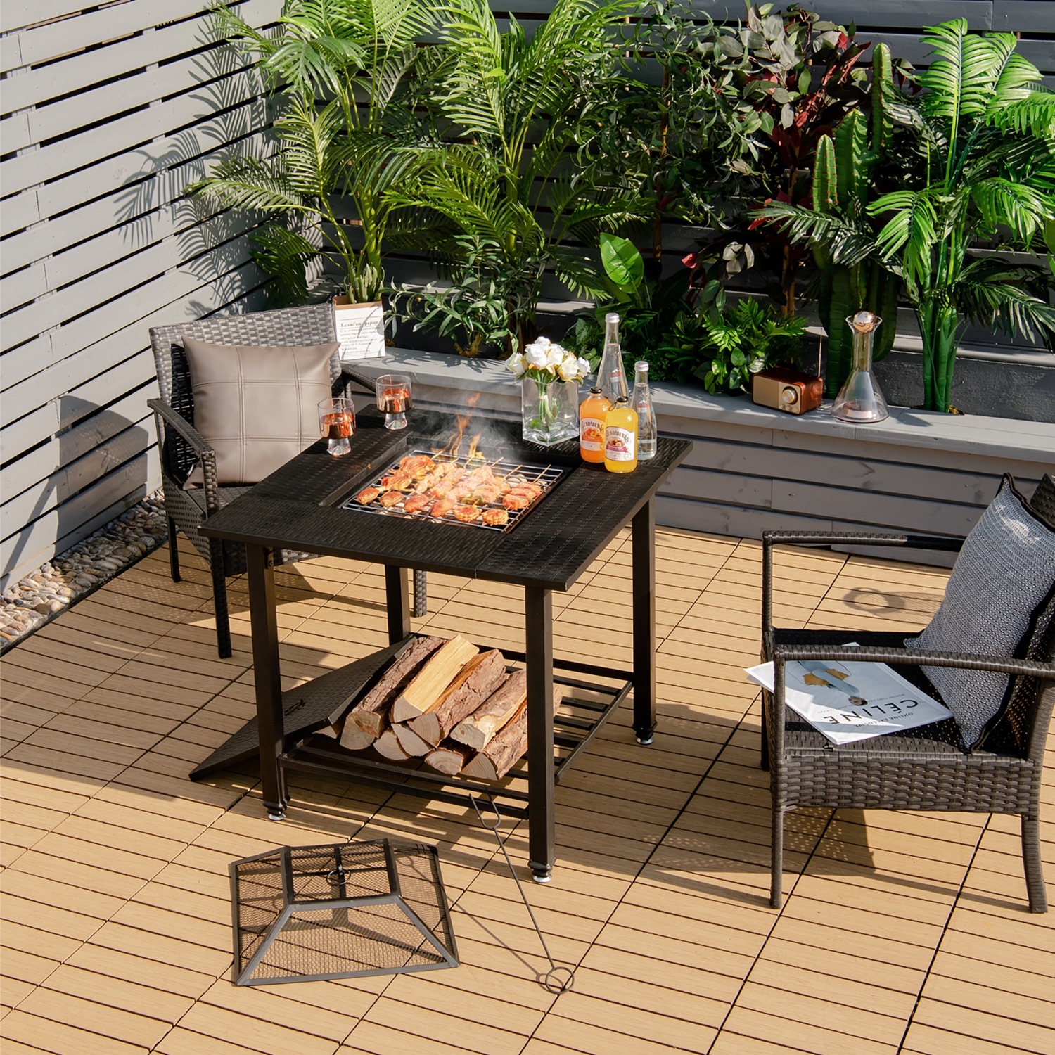 Costway 31" Outdoor Fire Pit Dining Table Charcoal Wood Burning W/ Cooking BBQ Grate