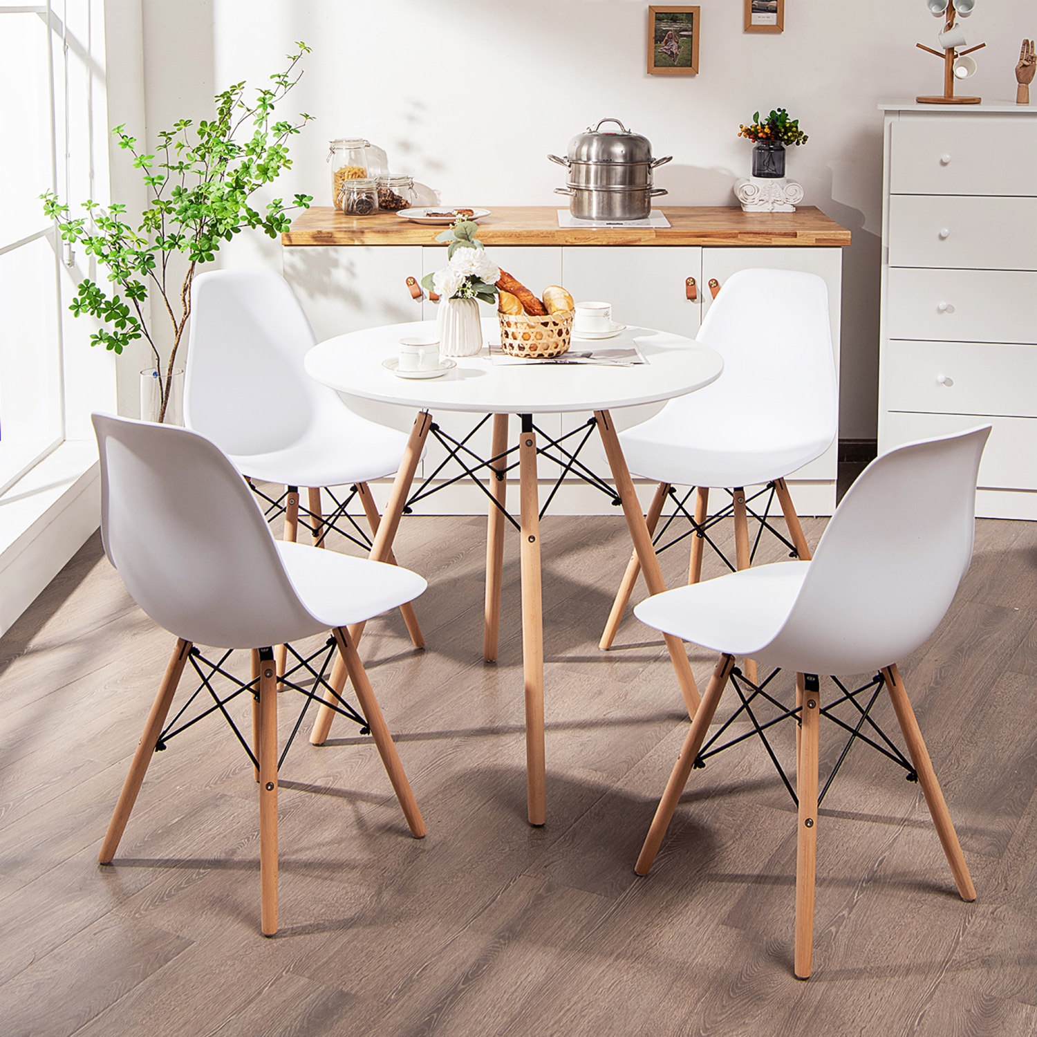 Costway Dining Table Set Modern 5 PCS For 4 Round Dining Room Table Set W/Solid Wood Leg
