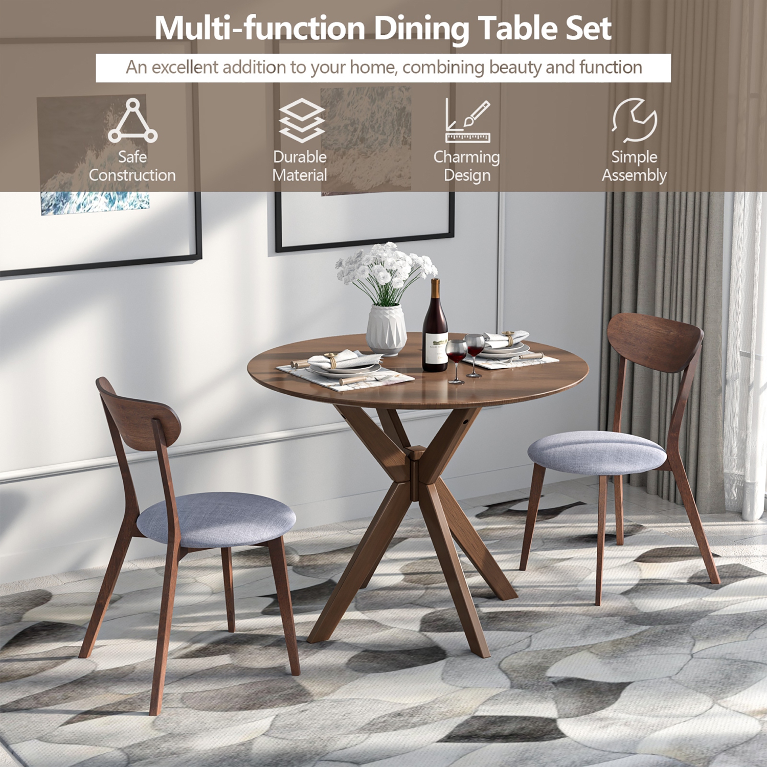 Costway 3 PCS Dining Table Set Modern Round Kitchen Table and Chairs Set for Dining Room