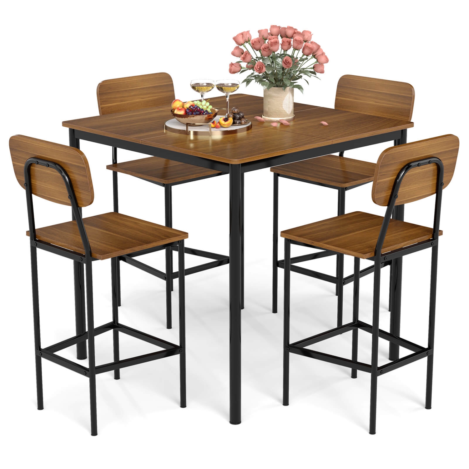 Costway 5-Piece Industrial Dining Table Set w/ Counter Height Table & 4 Bar Stools