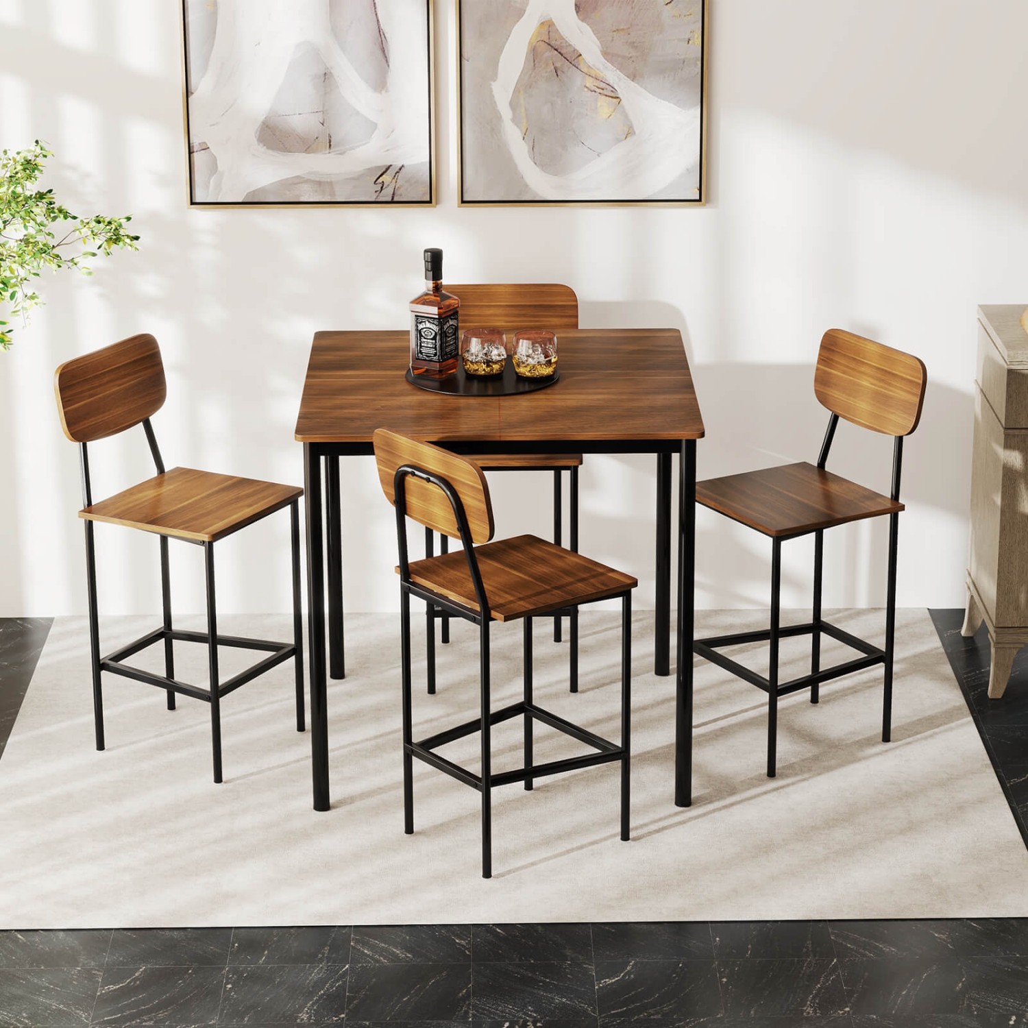 Costway 5-Piece Industrial Dining Table Set w/ Counter Height Table & 4 Bar Stools