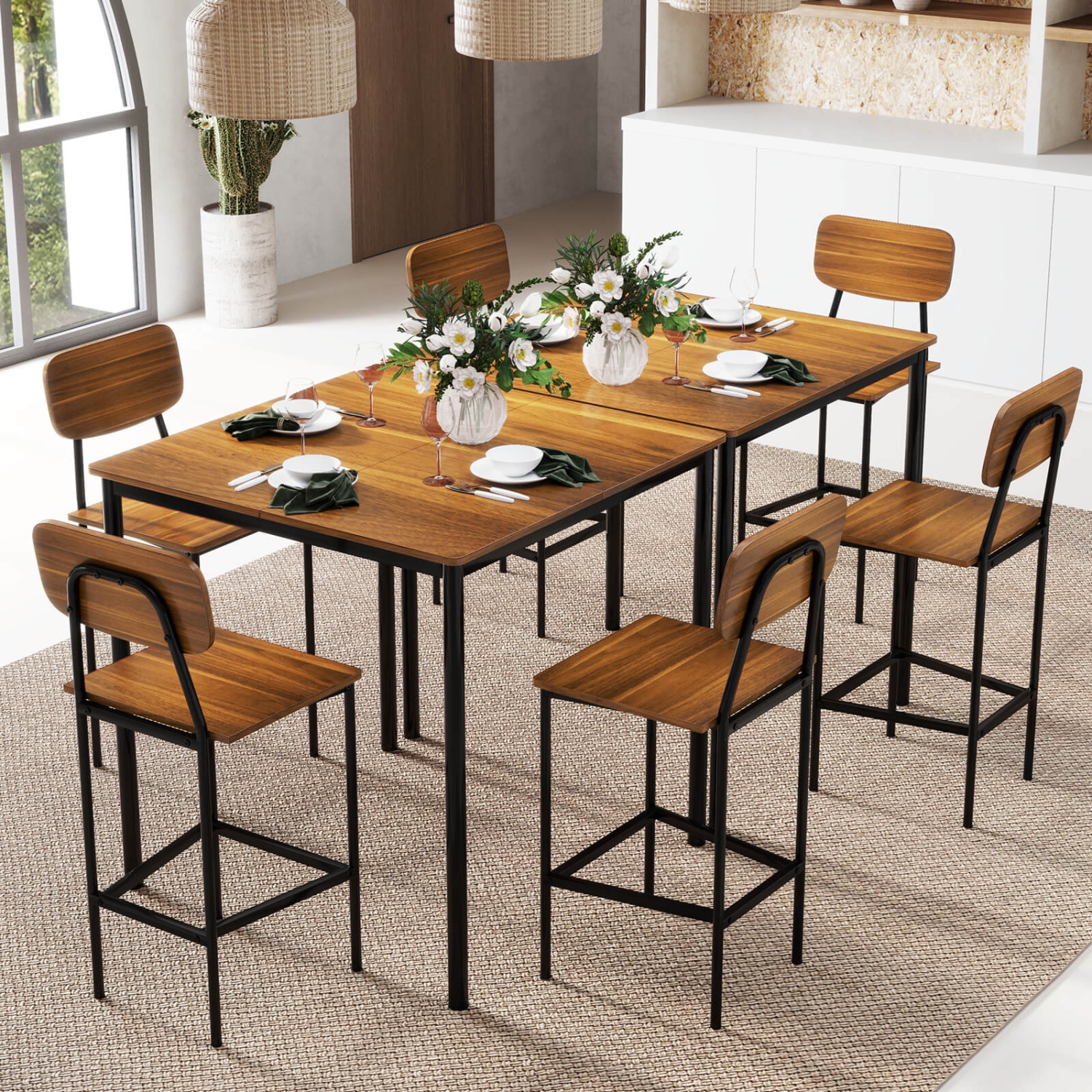 Costway 5-Piece Industrial Dining Table Set w/ Counter Height Table & 4 Bar Stools