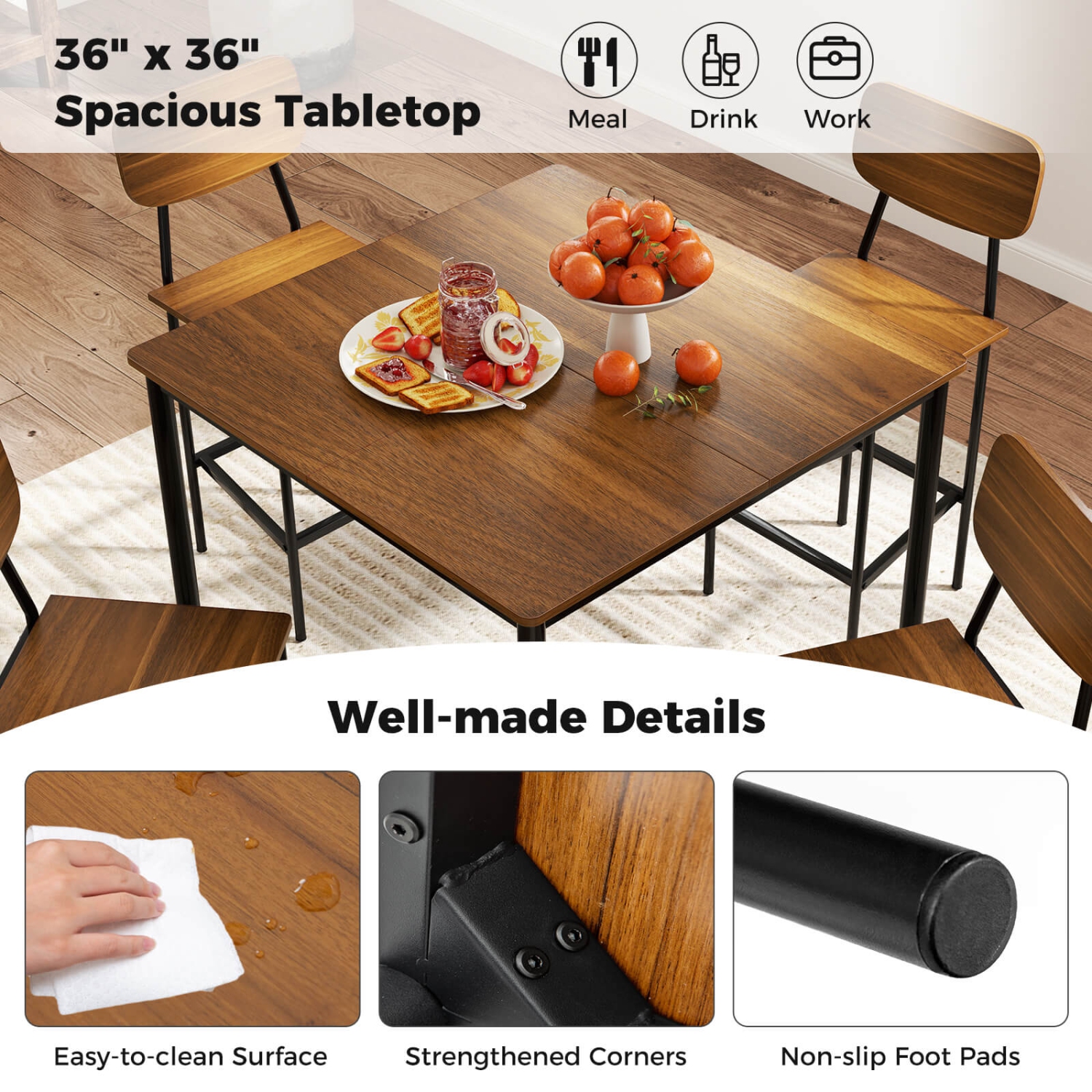 Costway 5-Piece Industrial Dining Table Set w/ Counter Height Table & 4 Bar Stools