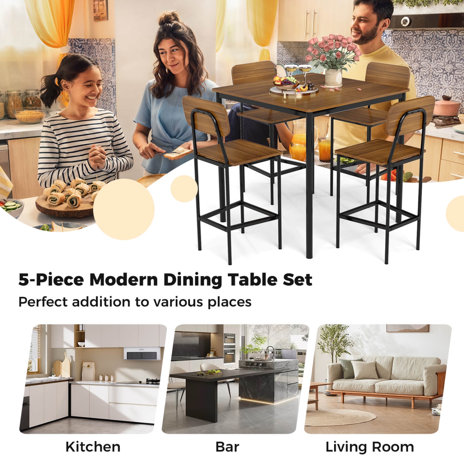 Costway 5-Piece Industrial Dining Table Set w/ Counter Height Table & 4 Bar Stools