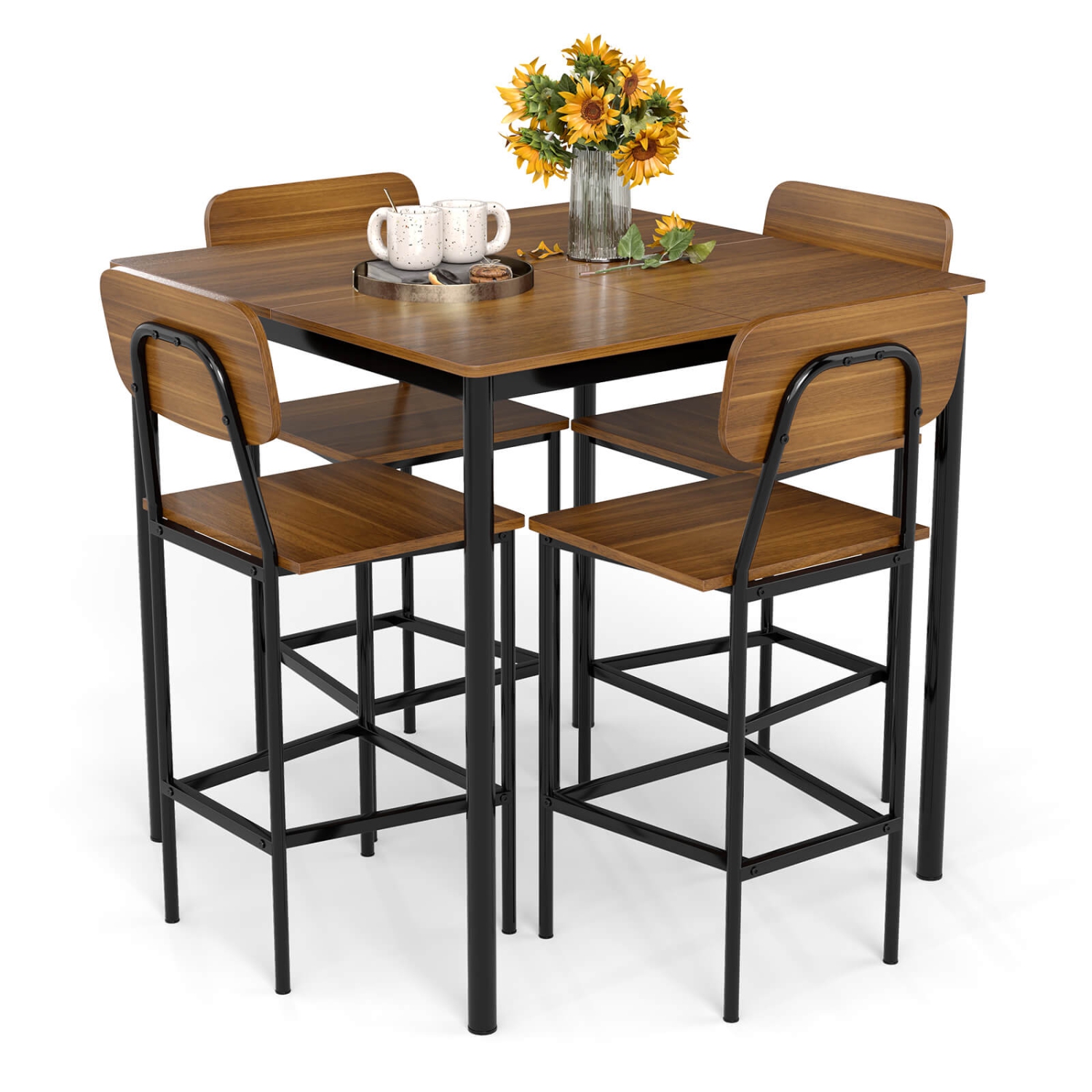 Costway 5-Piece Industrial Dining Table Set w/ Counter Height Table & 4 Bar Stools