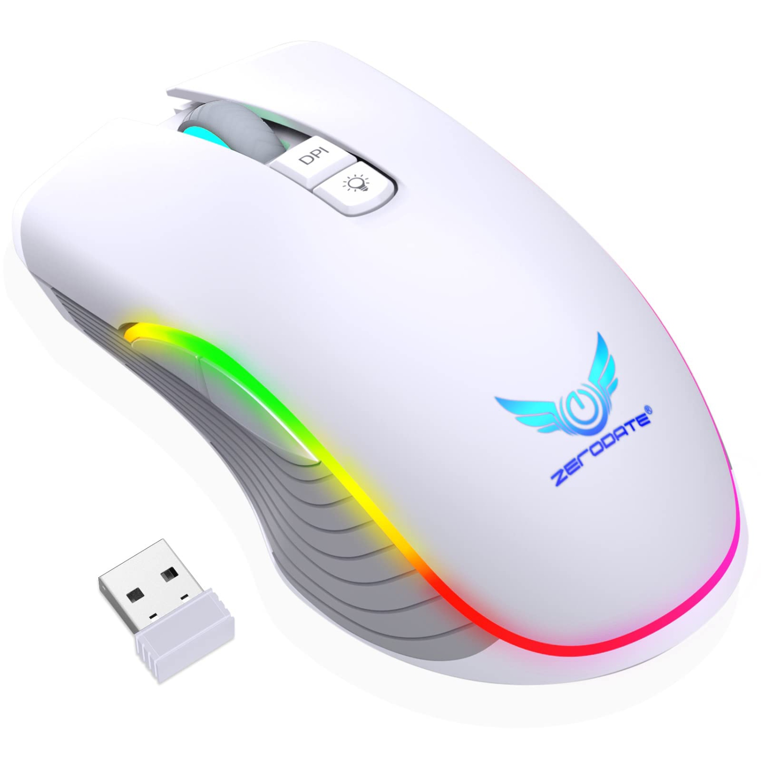 Rechargeable Wireless Gaming Mouse, RGB LED Backlit Mouse with 4 Adjustable DPI, 7 Button, 2.4G USB Optical Gaming Ergonomic