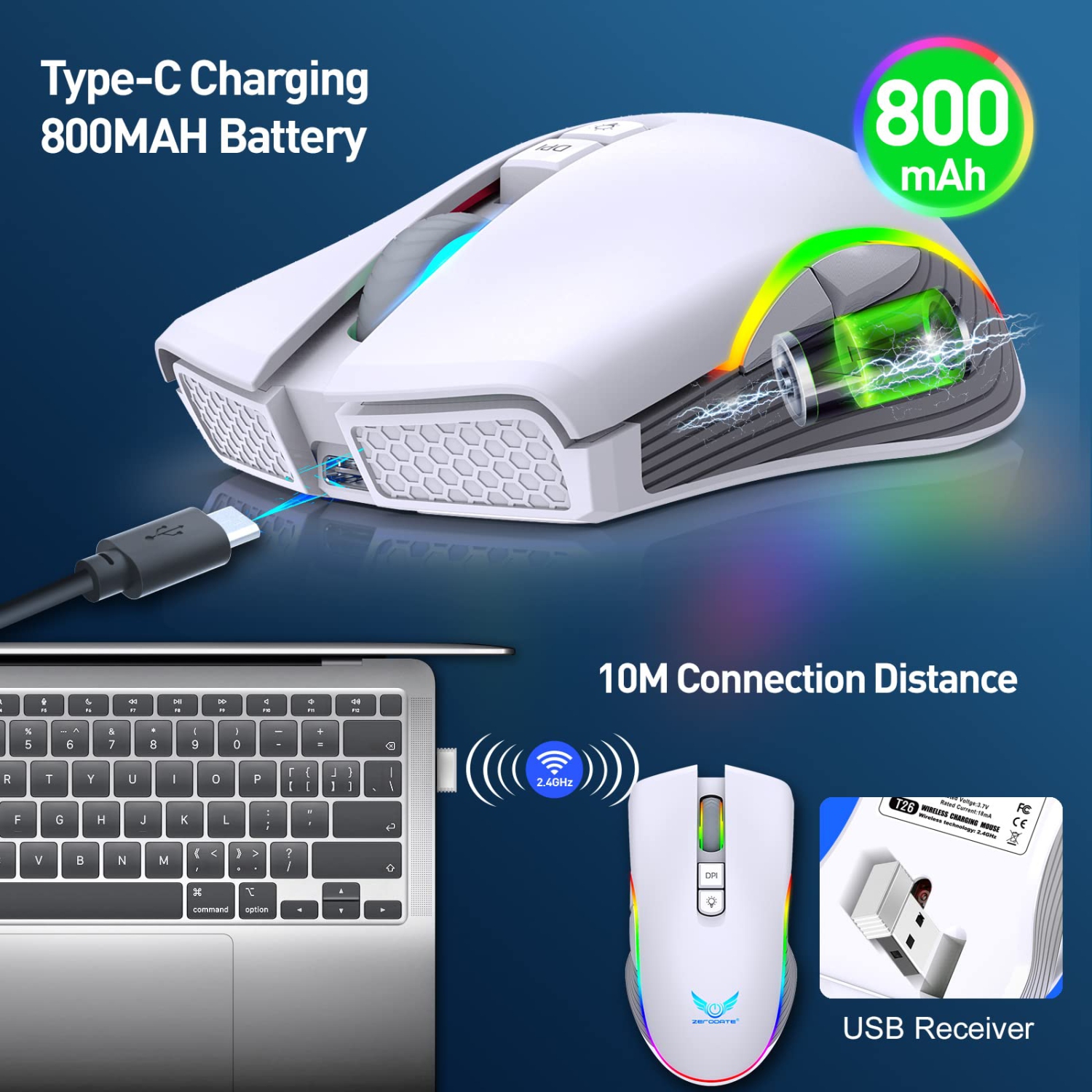 Rechargeable Wireless Gaming Mouse, RGB LED Backlit Mouse with 4 Adjustable DPI, 7 Button, 2.4G USB Optical Gaming Ergonomic