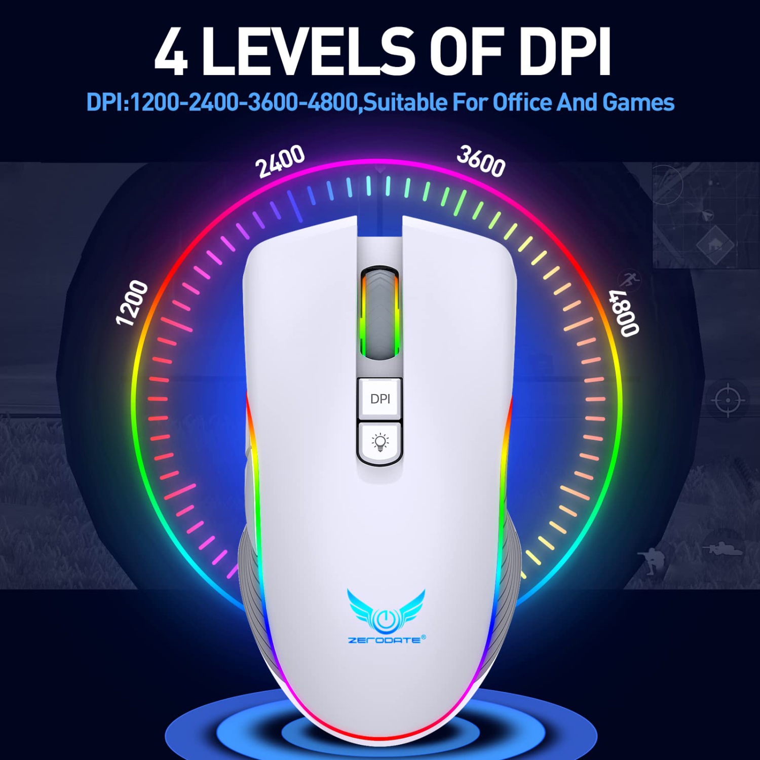 Rechargeable Wireless Gaming Mouse, RGB LED Backlit Mouse with 4 Adjustable DPI, 7 Button, 2.4G USB Optical Gaming Ergonomic
