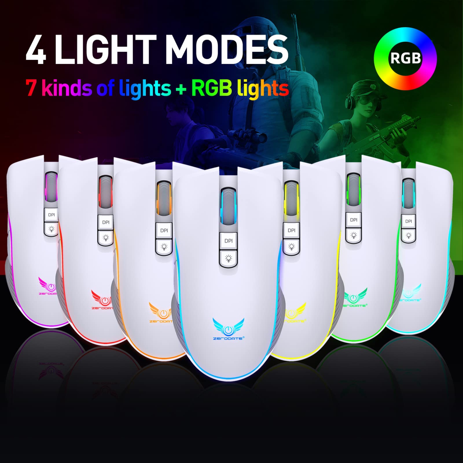 Rechargeable Wireless Gaming Mouse, RGB LED Backlit Mouse with 4 Adjustable DPI, 7 Button, 2.4G USB Optical Gaming Ergonomic