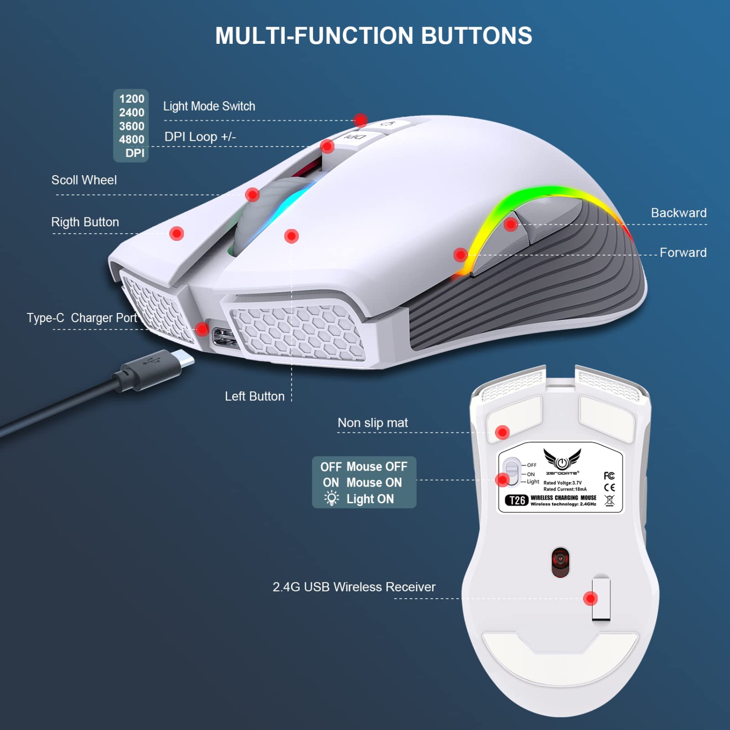 Rechargeable Wireless Gaming Mouse, RGB LED Backlit Mouse with 4 Adjustable DPI, 7 Button, 2.4G USB Optical Gaming Ergonomic
