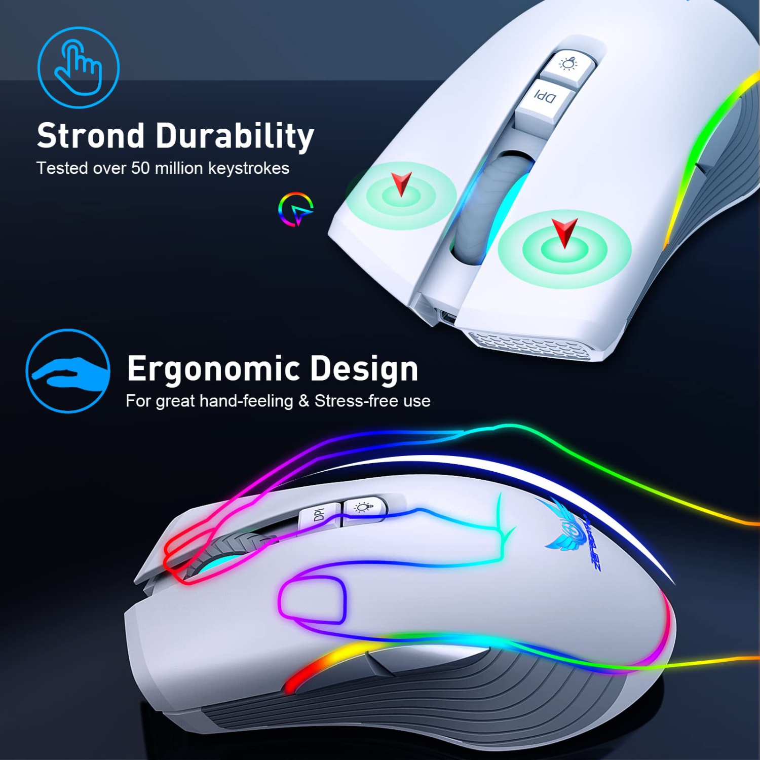 Rechargeable Wireless Gaming Mouse, RGB LED Backlit Mouse with 4 Adjustable DPI, 7 Button, 2.4G USB Optical Gaming Ergonomic