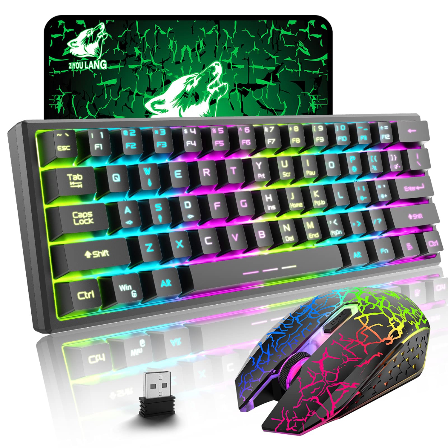 60% Wireless Gaming Keyboard and Mouse Combo with Ergonomic 61 Key Rainbow LED Backlight Anti-ghosting Mechanical Feel Recha