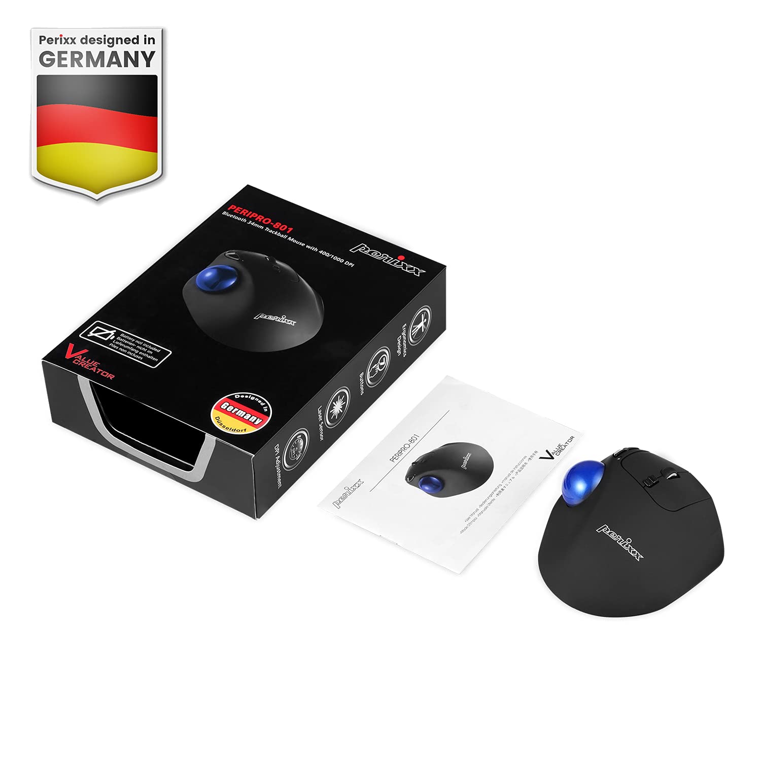 Perixx PERIPRO-801 Bluetooth Trackball Mouse - Bluetooth 5.1 Spec - Build-in 1.34 Inch Trackball with Pointing Feature - Bla