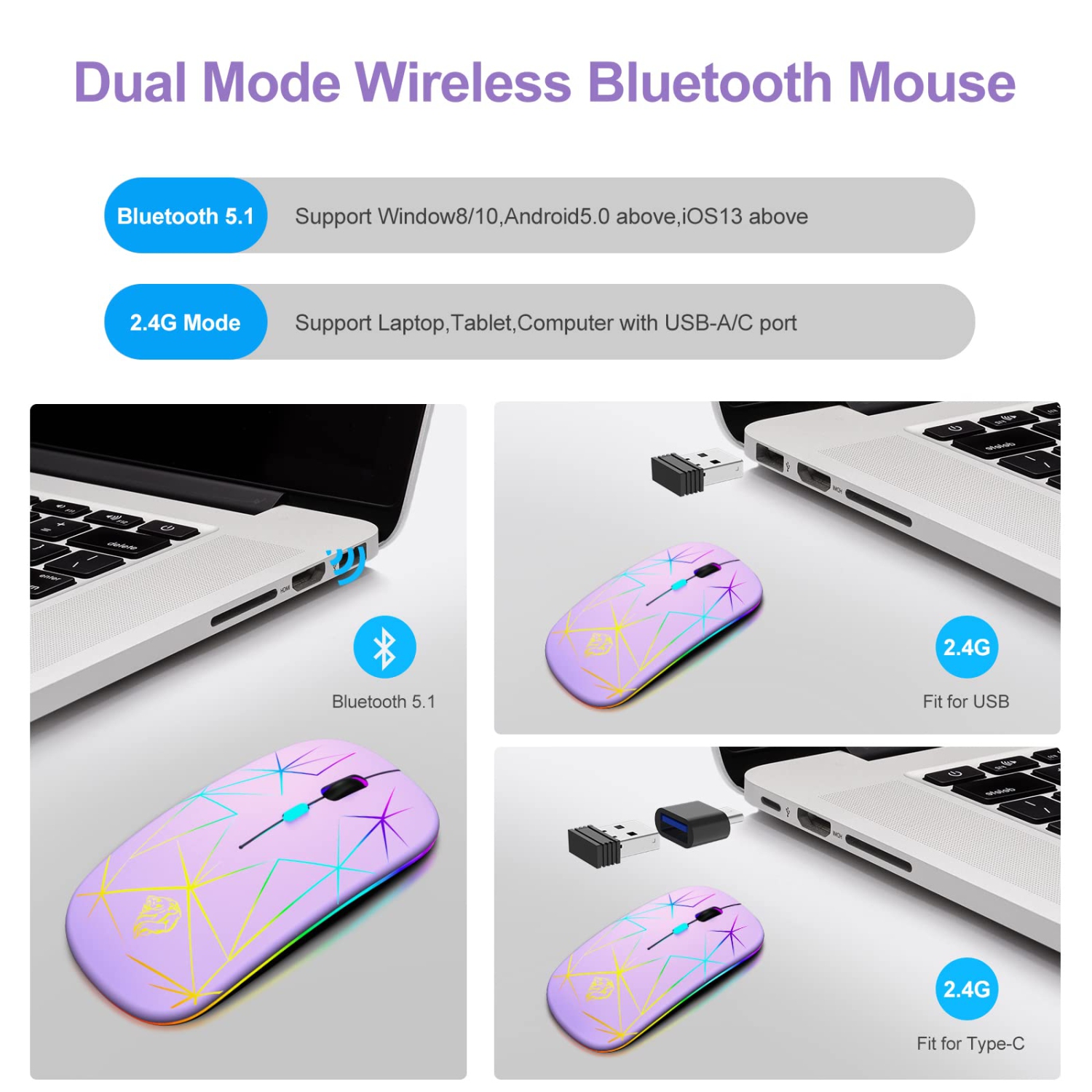 Wireless Mouse,Slim Rechargeable Bluetooth Mouse,Led Dual Mode(Bluetooth 5.1+2.4G) Silent Mouse with USB Receiver and Type C