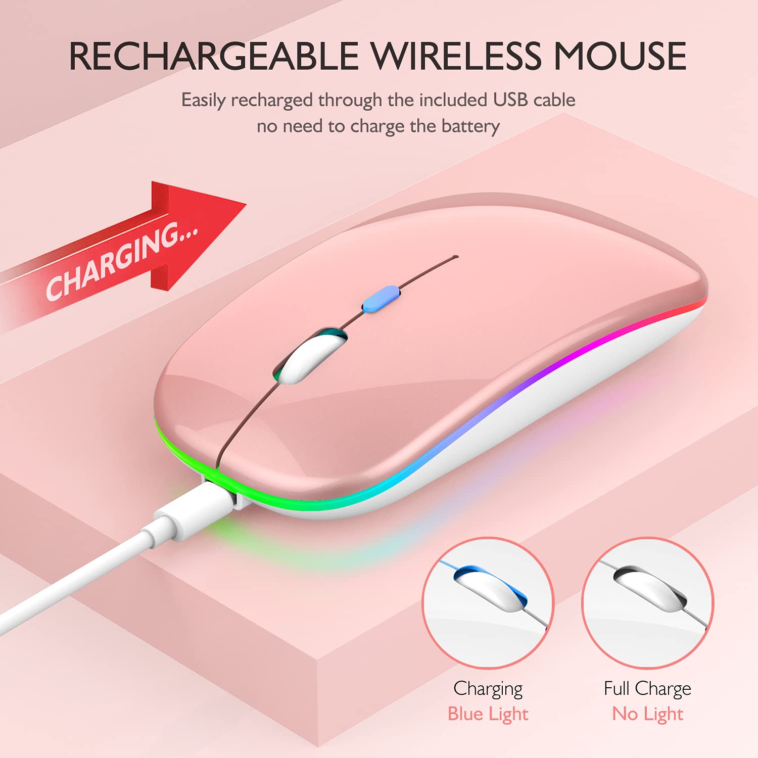 LED Bluetooth Mouse, Rechargeable Wireless Mouse, Compatible for Tablet Chromebook Windows PC Laptop, Black