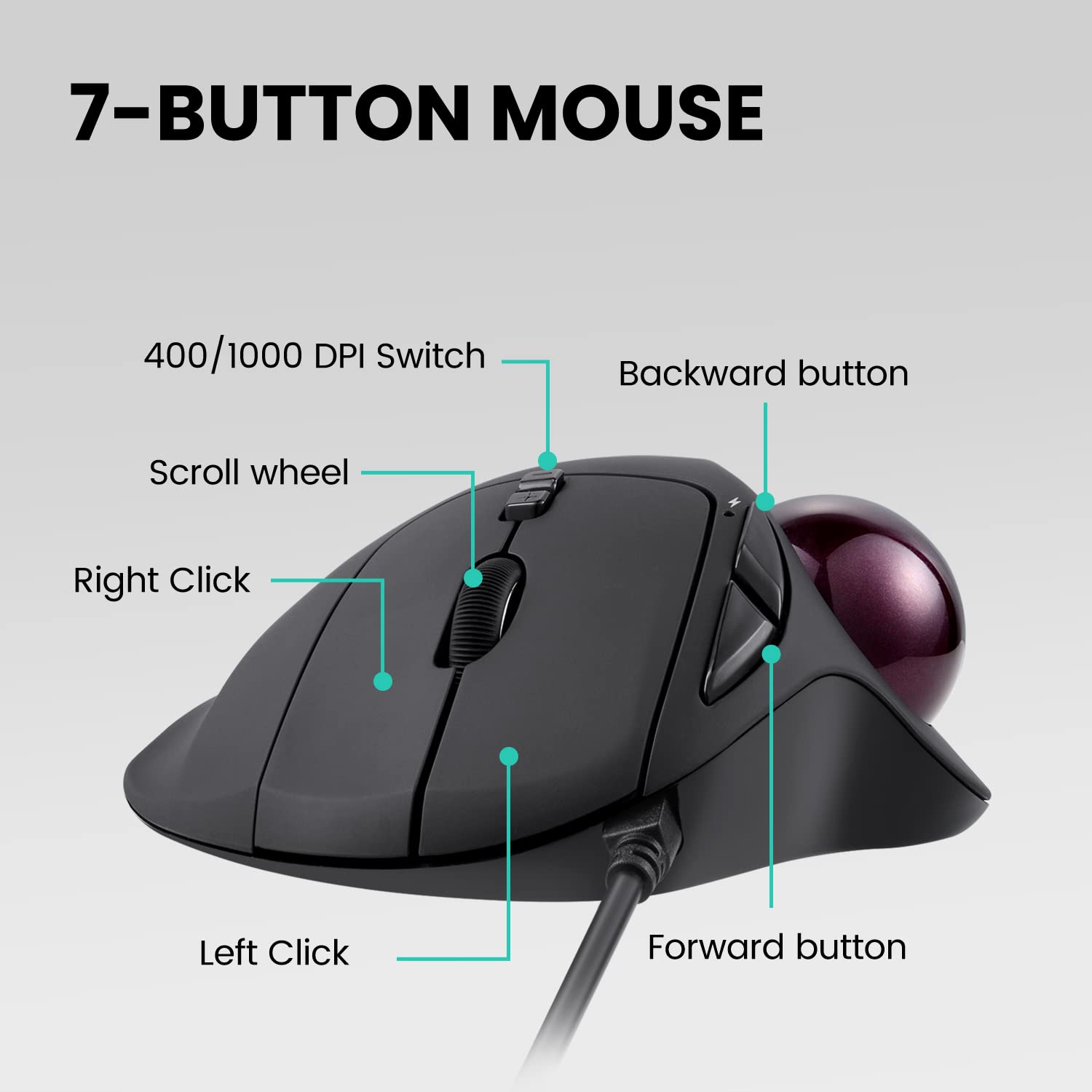 Perixx PERIMICE-517 Wired Ergonomic Trackball Mouse - 7 Button Design - DPI 400/1000