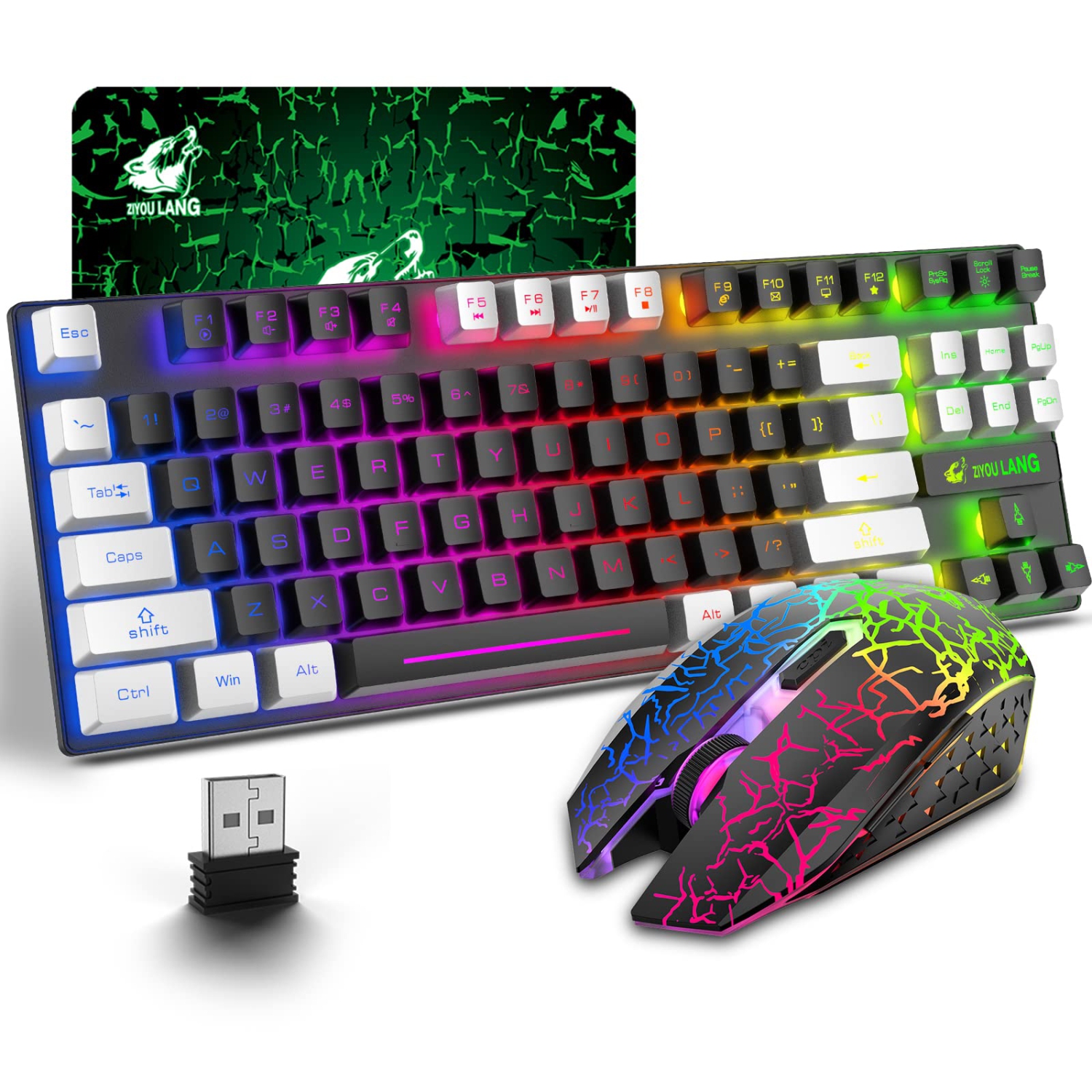 Ensemble clavier et souris de jeu sans fil avec 87Key Rainbow DEL rechargeable 3800 mAh à batterie mécanique anti-gh