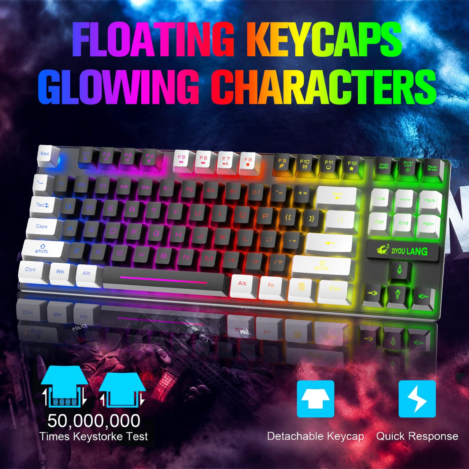 Ensemble clavier et souris de jeu sans fil avec 87Key Rainbow DEL rechargeable 3800 mAh à batterie mécanique anti-gh