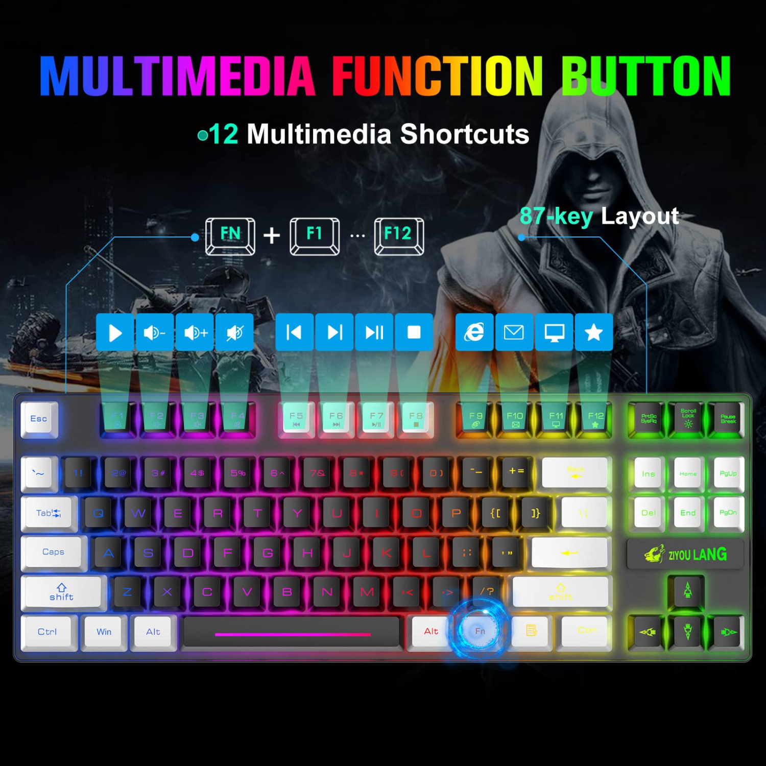 Ensemble clavier et souris de jeu sans fil avec 87Key Rainbow DEL rechargeable 3800 mAh à batterie mécanique anti-gh