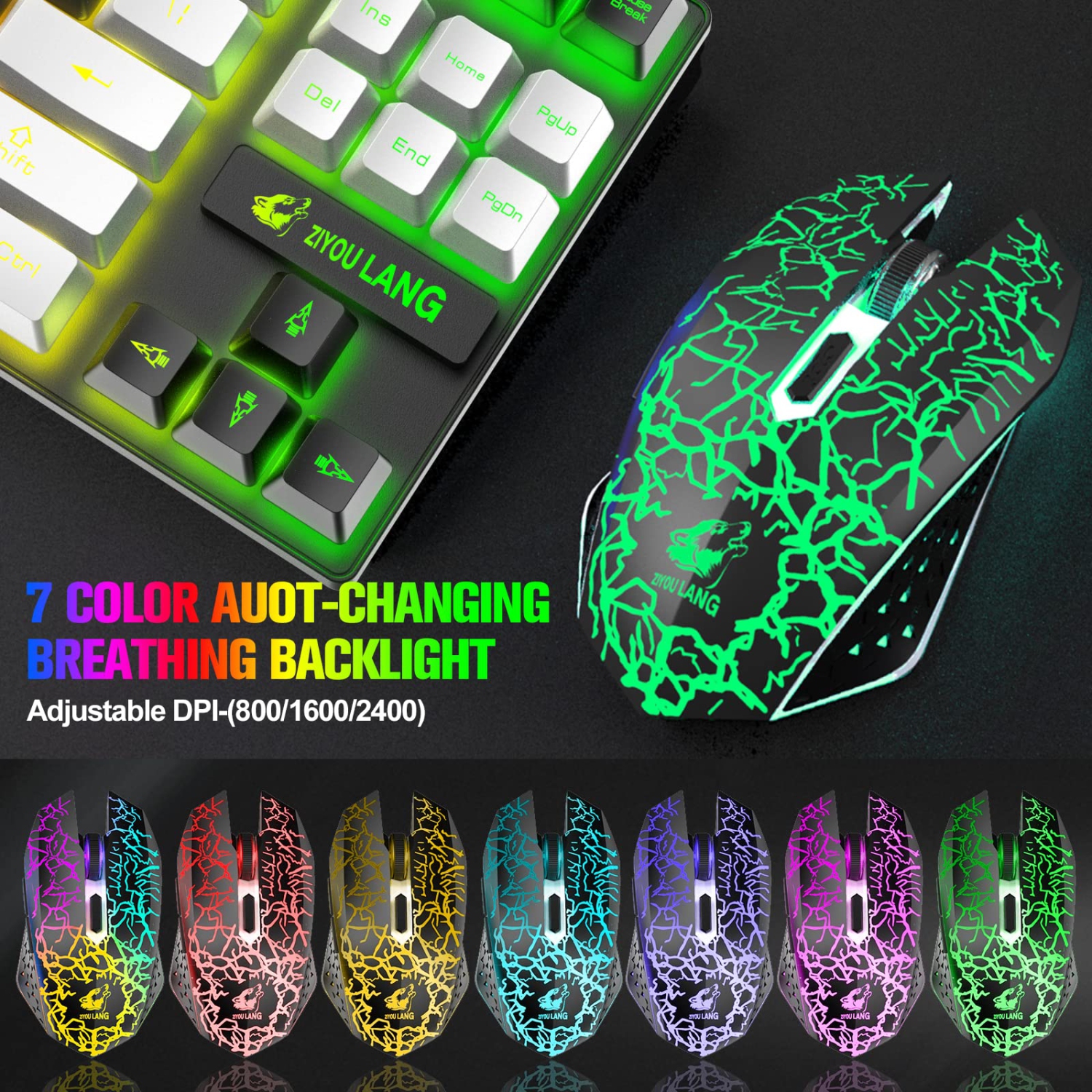 Ensemble clavier et souris de jeu sans fil avec 87Key Rainbow DEL rechargeable 3800 mAh à batterie mécanique anti-gh