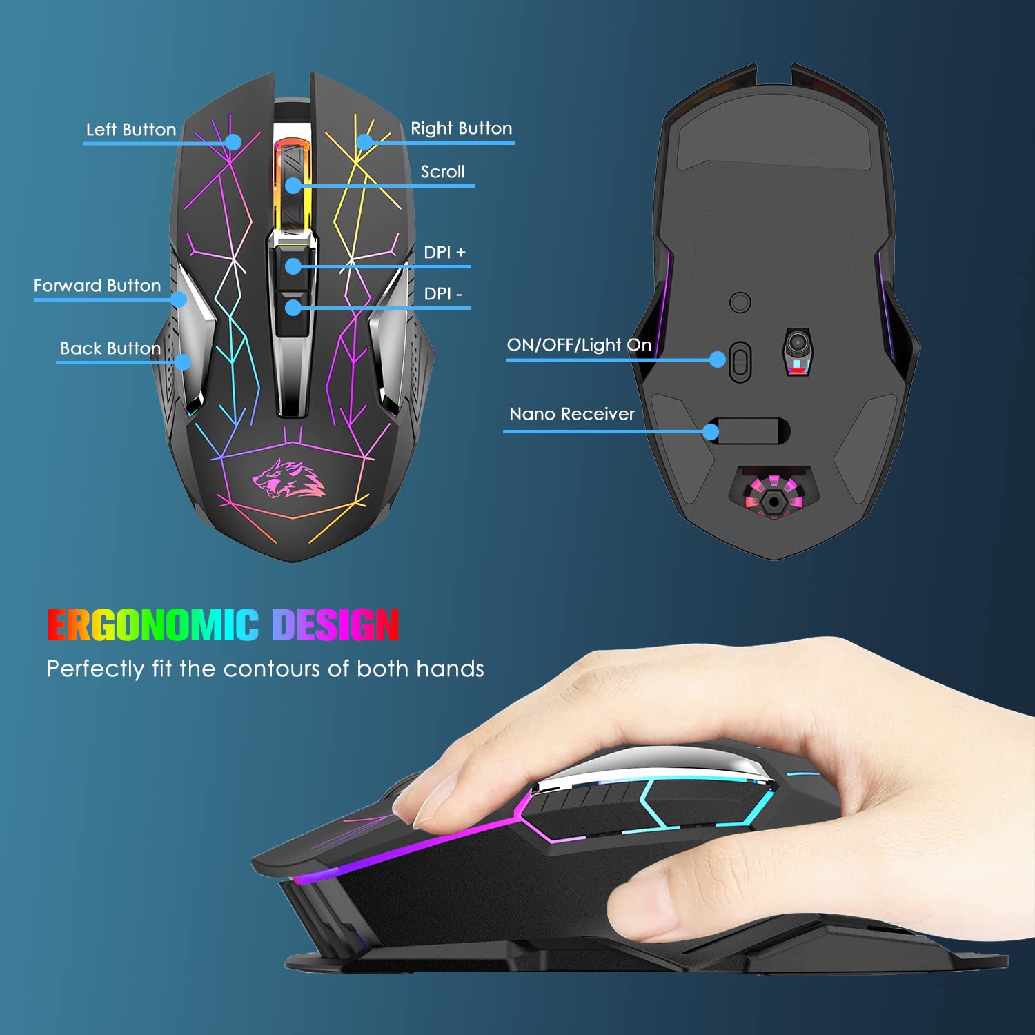 Wireless Gaming Mouse Rechargeable with Silent Rainbow RGB Backlit ,2.4G USB Nano Receiver Optical Sensor 3 Level DPI,Ergono