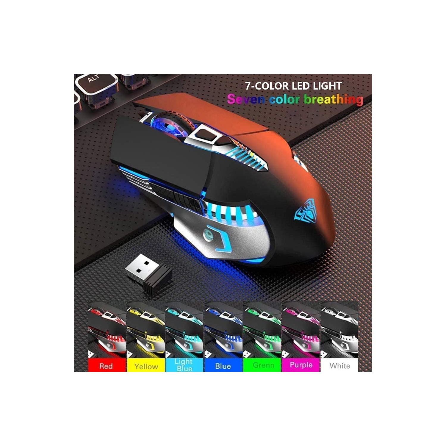 Bluetooth Mouse, Rechargeable Wireless Gaming Mouse Multi Device(BT5.0+BT3.0+2.4G) with Side Buttons, RGB LED Backlit, Ergon