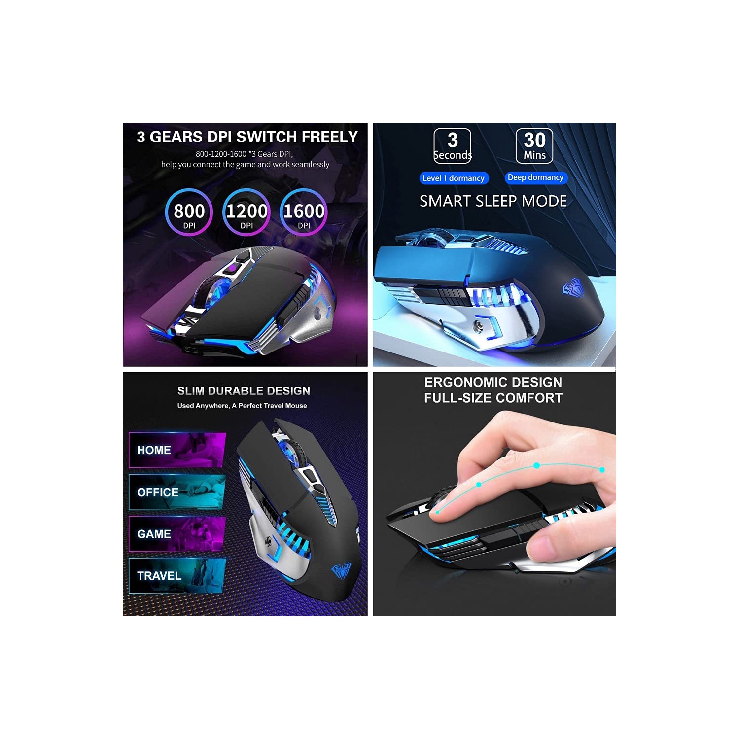 Bluetooth Mouse, Rechargeable Wireless Gaming Mouse Multi Device(BT5.0+BT3.0+2.4G) with Side Buttons, RGB LED Backlit, Ergon