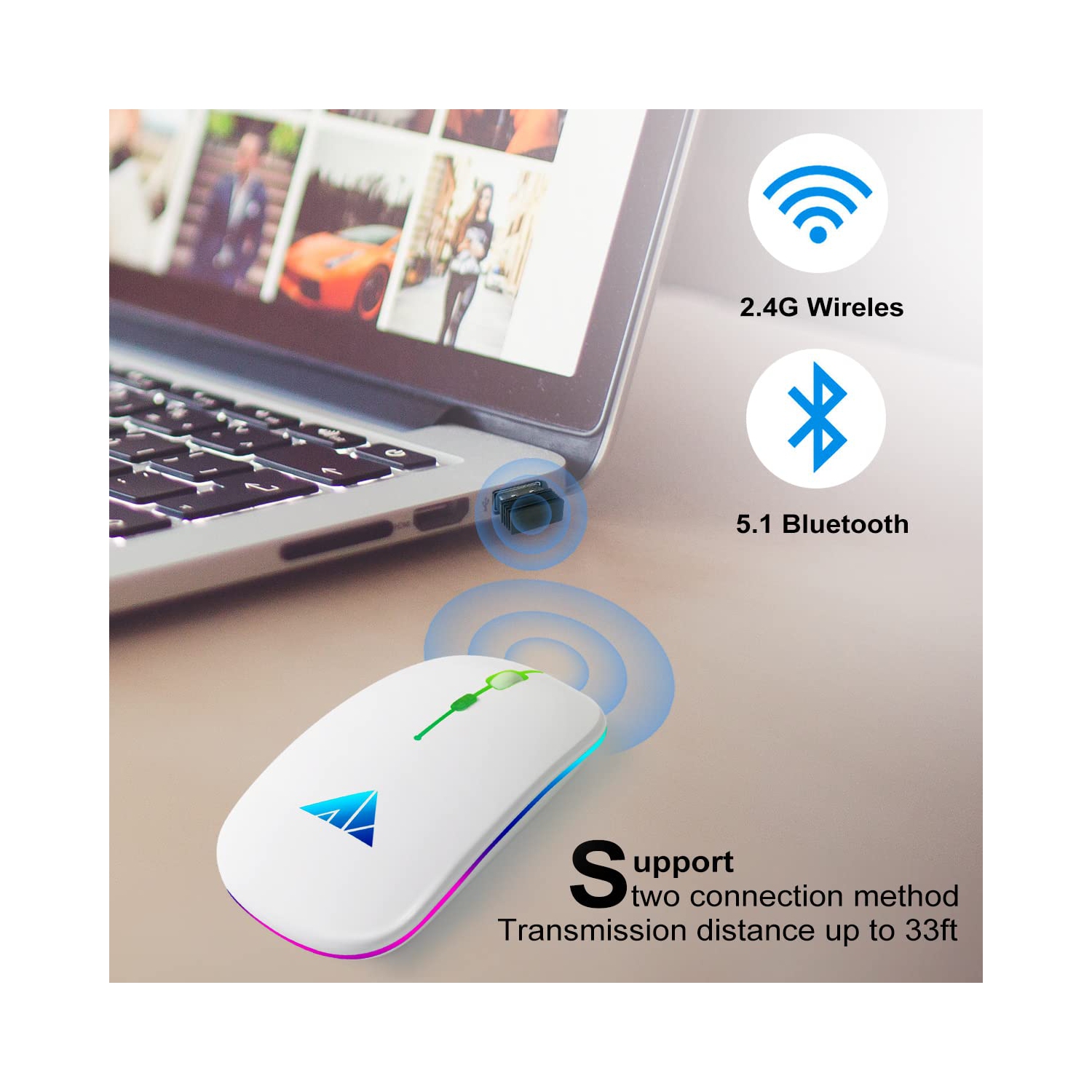 AUPHIL LED Wireless Mouse Have Dual Mode with Bluetooth 5.1 and 2.4G Wireless, Rechargeable Cordless Mouse with 3DPI for Lap