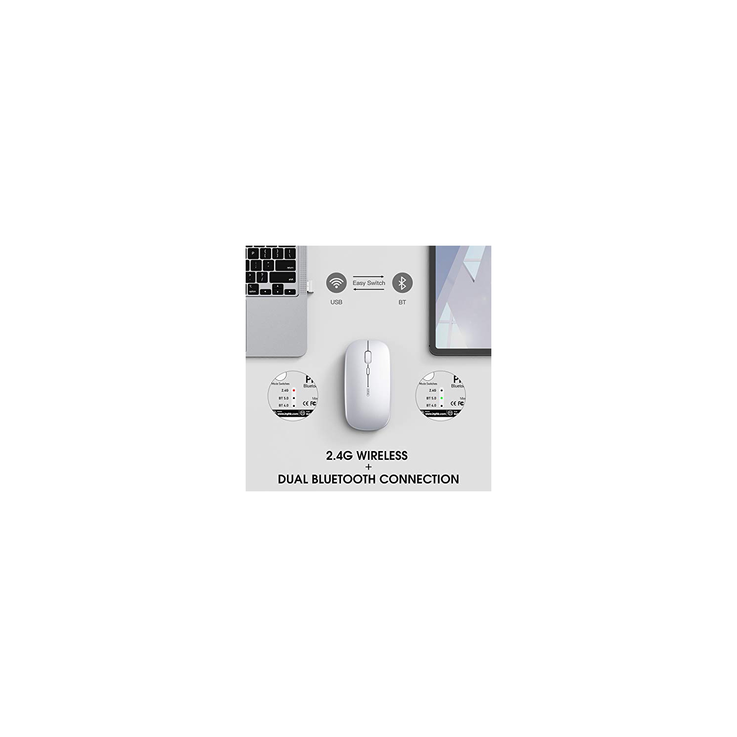 Bluetooth Mouse, INPHIC Multi-Device Slim Silent Rechargeable Bluetooth Wireless Mouse, 1600DPI