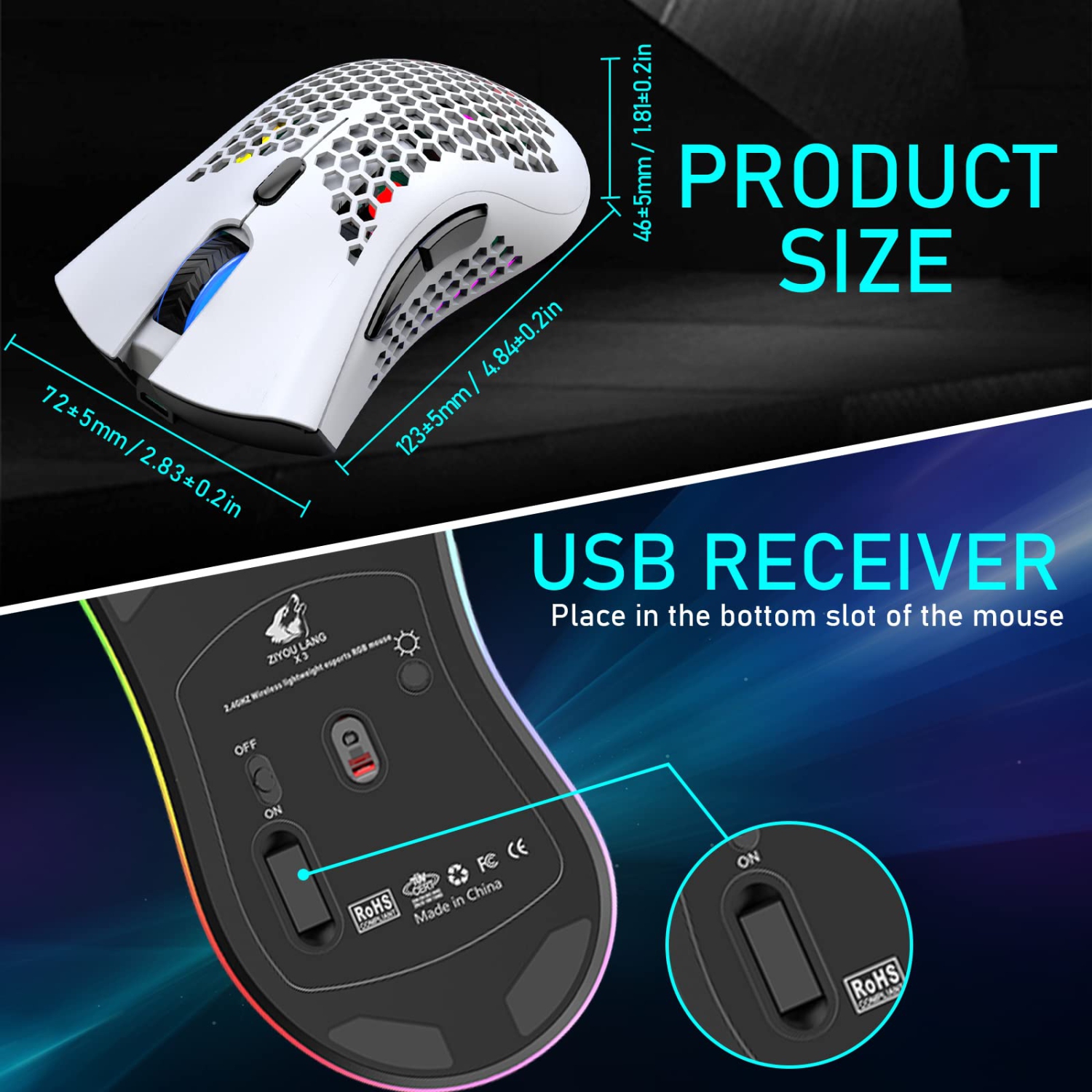 Wireless Lightweight Gaming Mouse Honeycomb with 7 Button Multi RGB Backlit Perforated Ergonomic Shell Optical Sensor Adjust
