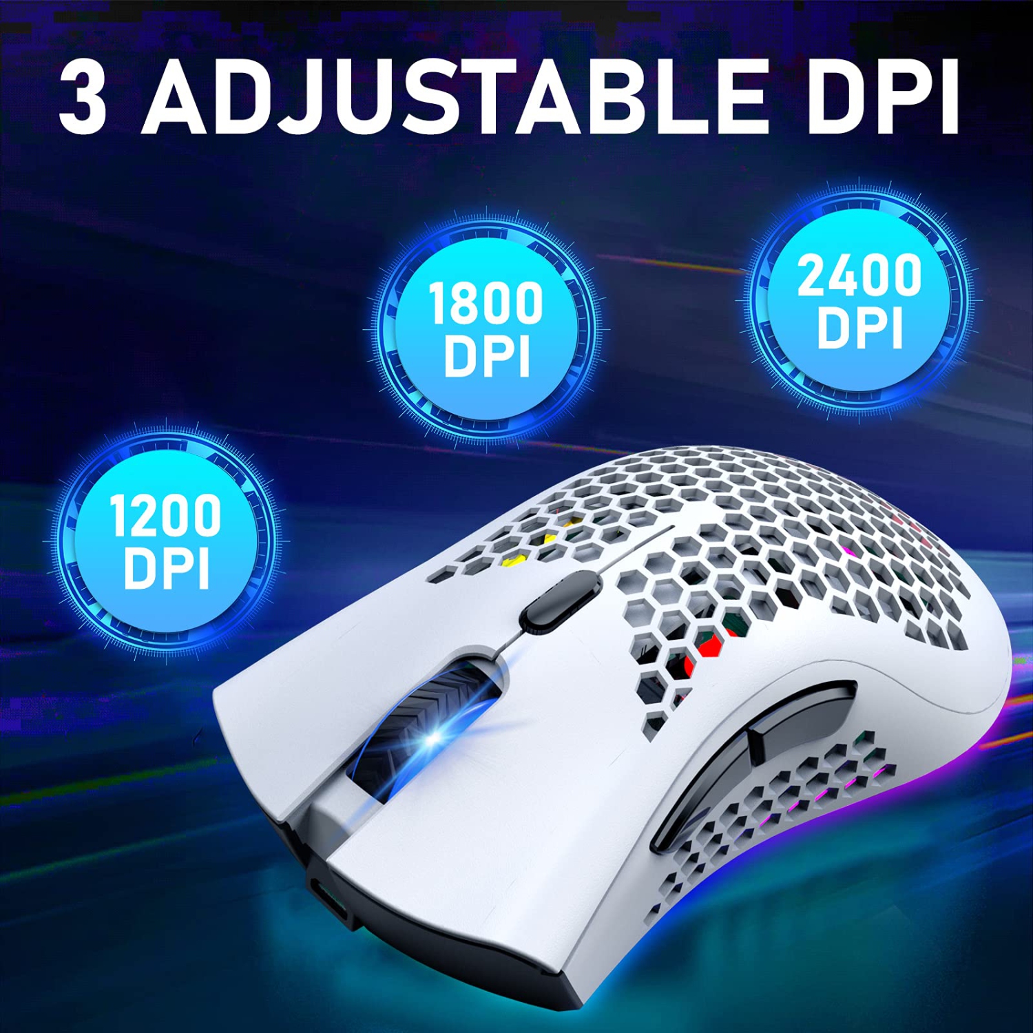 Wireless Lightweight Gaming Mouse Honeycomb with 7 Button Multi RGB Backlit Perforated Ergonomic Shell Optical Sensor Adjust
