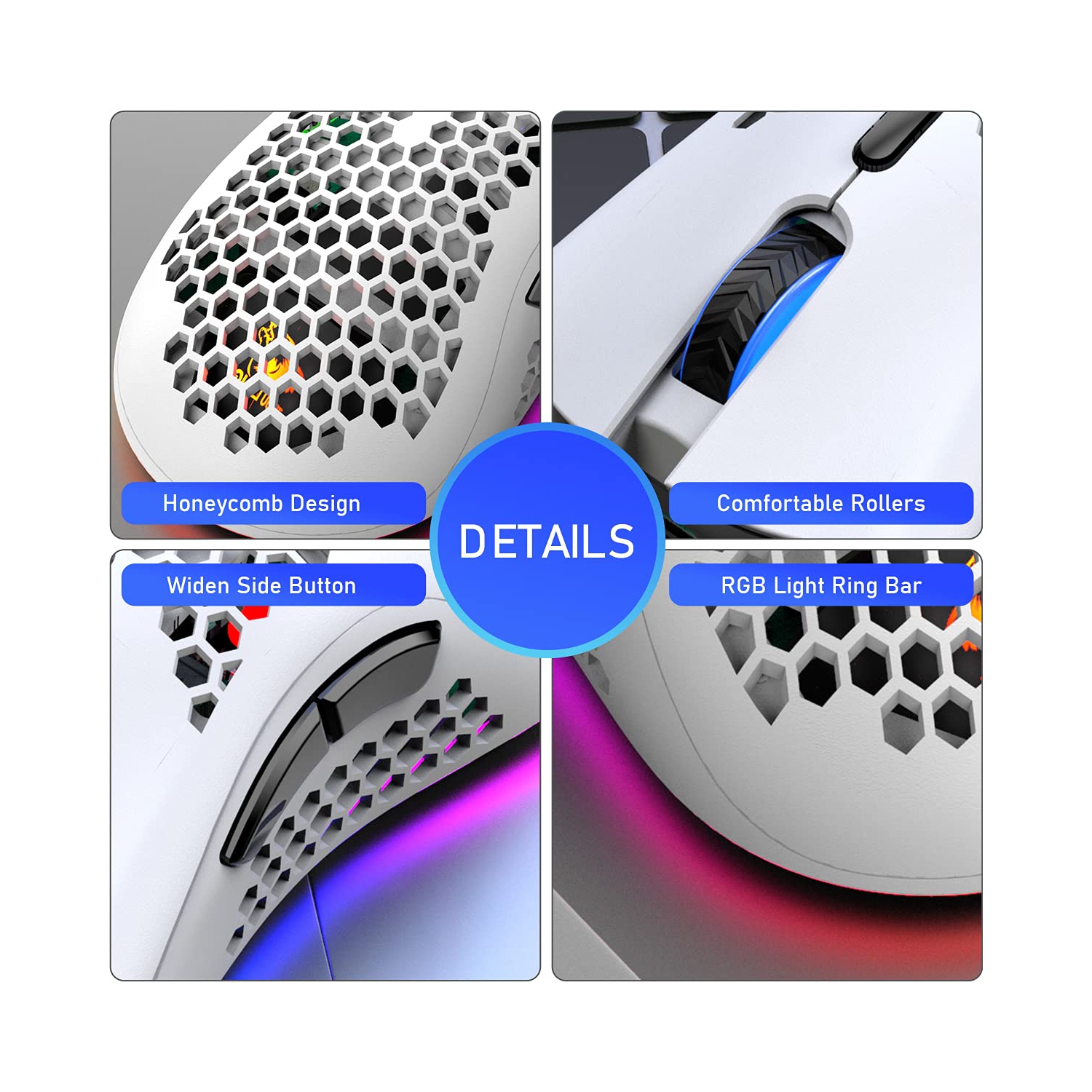Wireless Lightweight Gaming Mouse Honeycomb with 7 Button Multi RGB Backlit Perforated Ergonomic Shell Optical Sensor Adjust