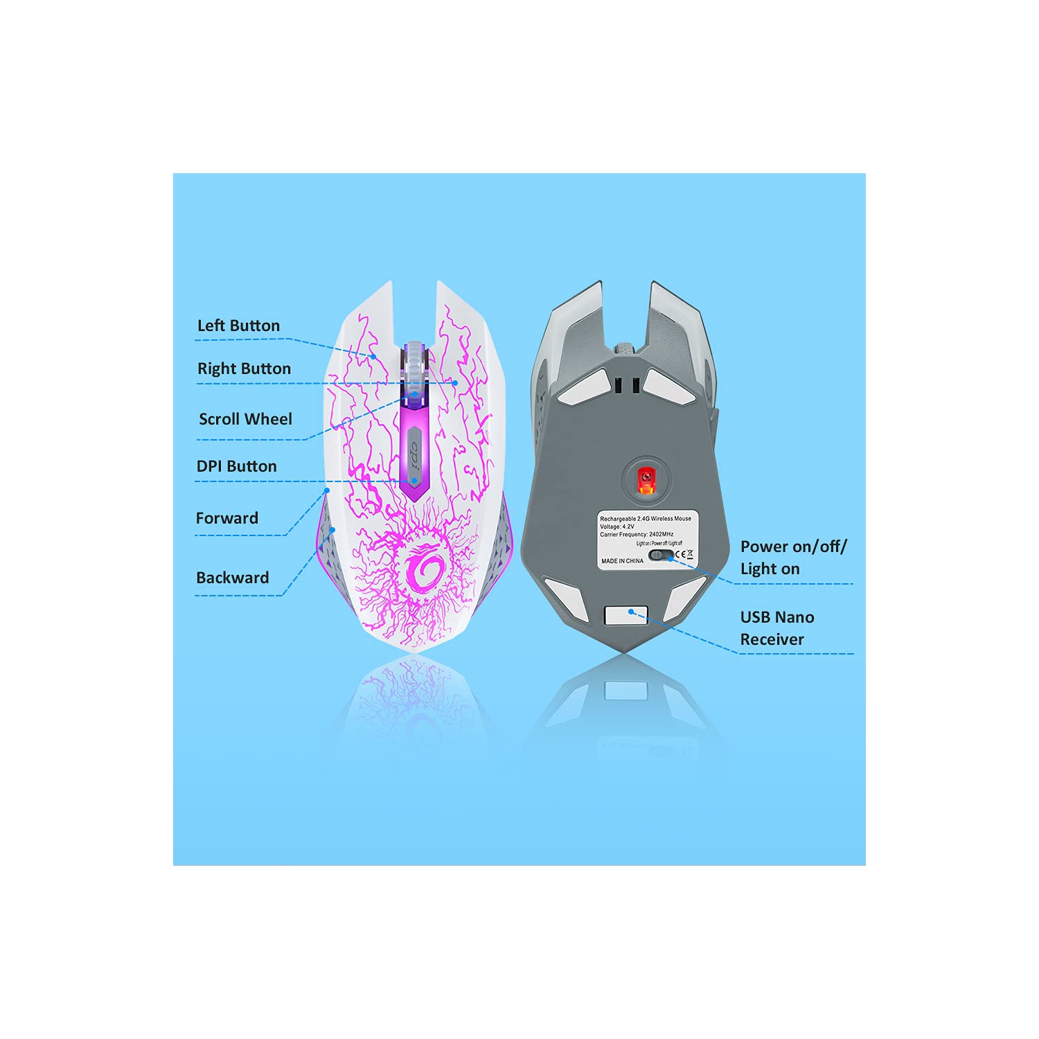 VersionTECH. Wireless Gaming Mouse, Rechargeable Computer Mouse Mice with Colorful LED Lights, Silent Click, 2.4G USB Nano R