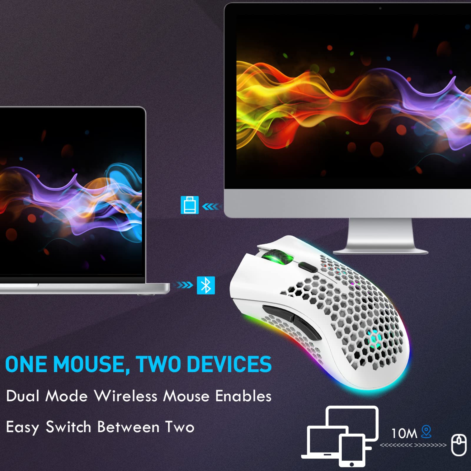 Wireless Lightweight Gaming Mouse, Ultralight Honeycomb Mice with RGB Backlit, Adjustable DPI, Bluetooth 2.4G Wireless Recha
